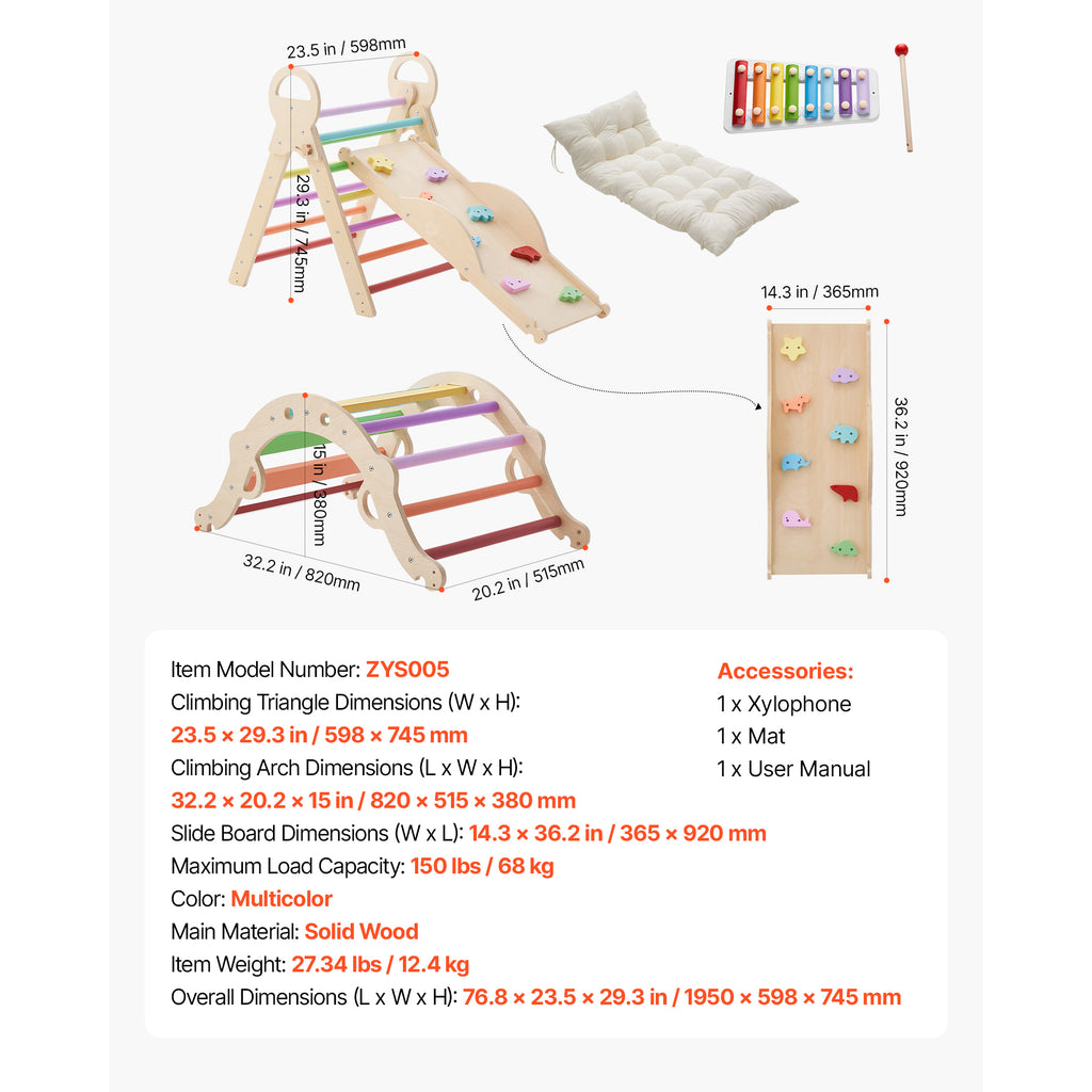 Pikler Triangle Set, 9-in-1 Toddler Climbing Toys Indoor, with Xylophone, Cushion, Triangle, Arch, and Ramp, 150 lbs Load, Fo