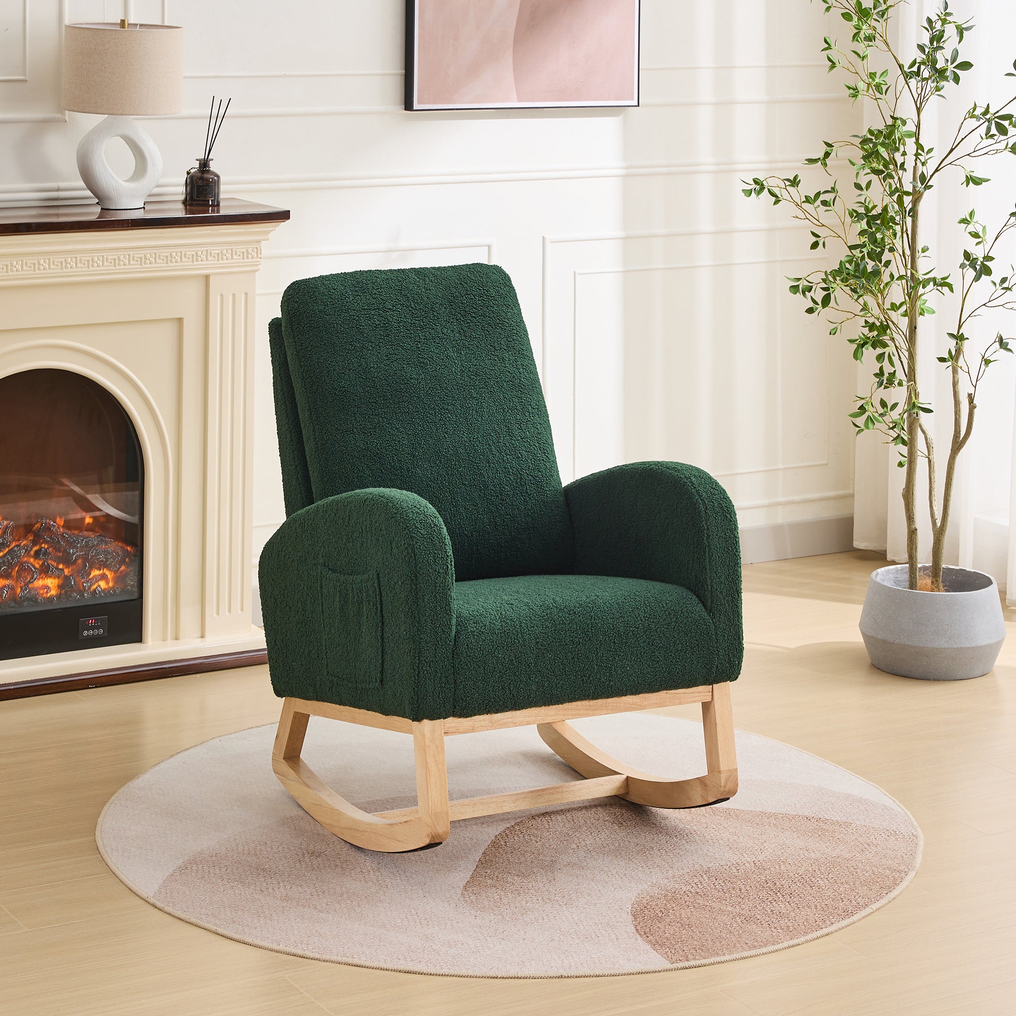 27.2'W Rocking Chair for Nursery, Sherpa Glider Chair with High Back and Side Pocket, Rocking Accent Armchair with Rubber Wood Legs for Living Room/Bedroom.Green - Grand Goldman Shop