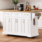 K&K 54inch Large Kitchen Island with Rubber Wood Drop Leaf, Embossed Texture Rolling Kitchen Cart on 4 Wheels with 4 Doors and 3 Drawers, Kitchen Island with Storage for Kitchen, Dining Room,White - Grand Goldman Shop