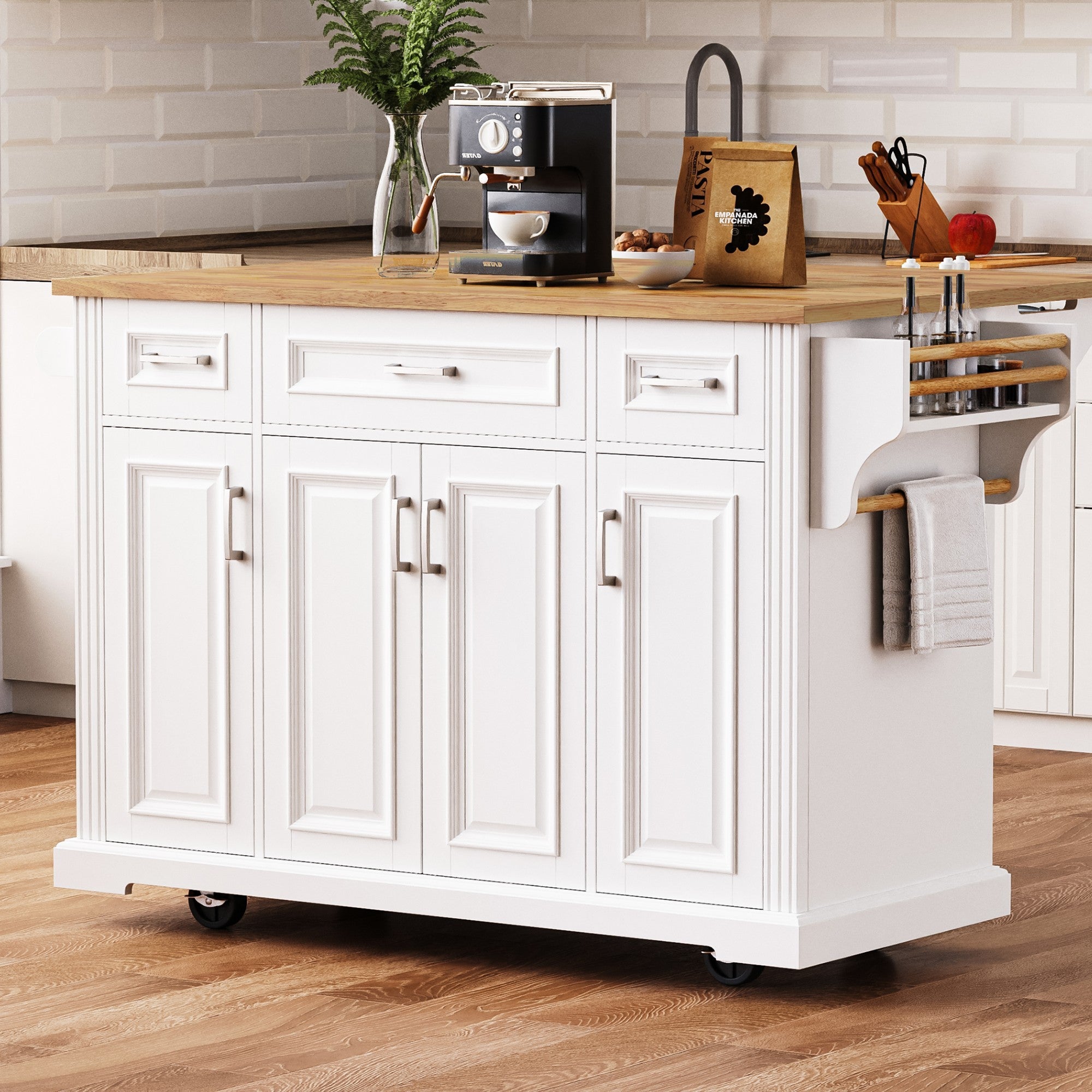 K&K 54inch Large Kitchen Island with Rubber Wood Drop Leaf, Embossed Texture Rolling Kitchen Cart on 4 Wheels with 4 Doors and 3 Drawers, Kitchen Island with Storage for Kitchen, Dining Room,White - Grand Goldman Shop