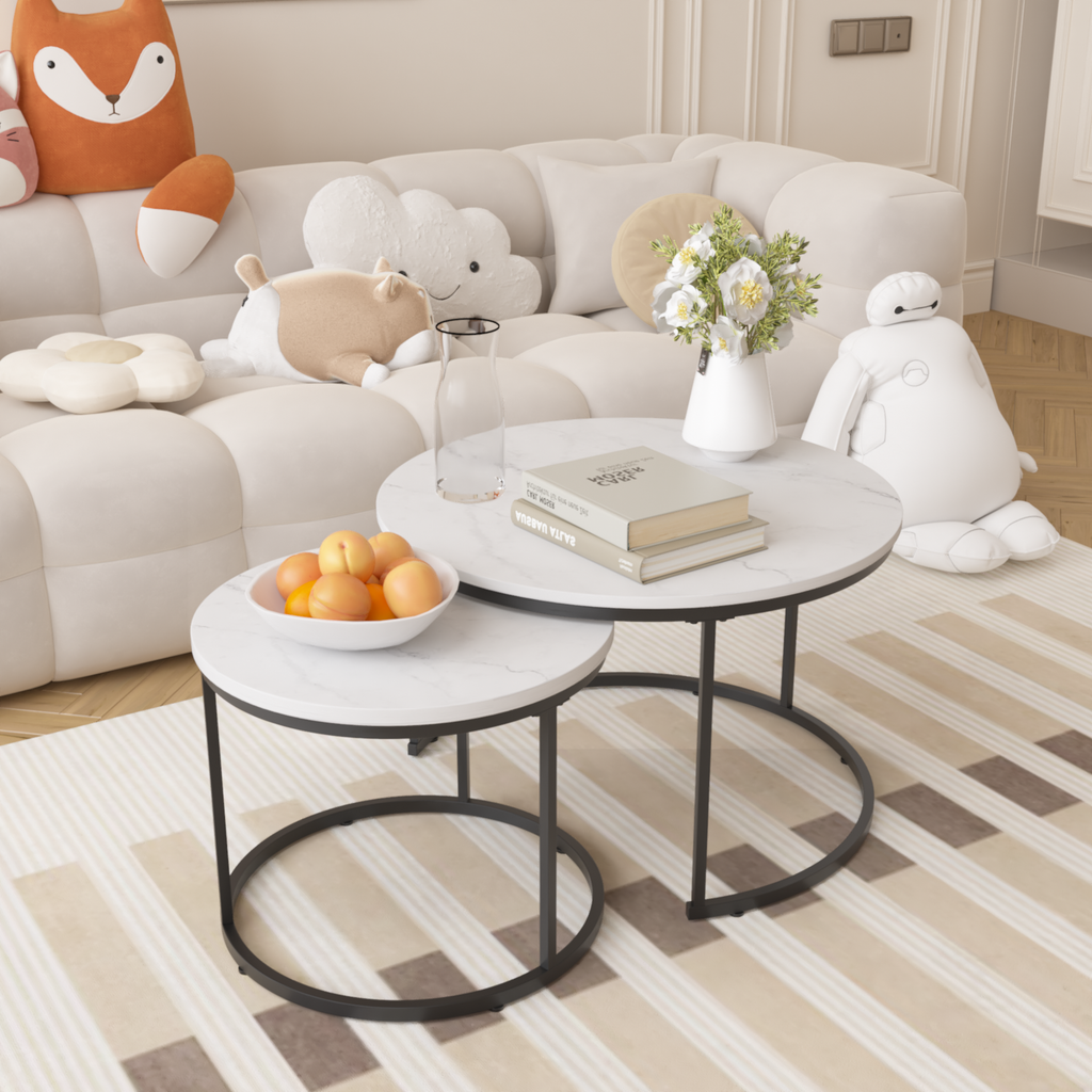 Nesting Coffee Table Set of 2, 27.6inch Round Wood Marble Pattern Top with Sturdy Metal Frame, White Living Room End Tables for Bedroom Balcony Yard - Grand Goldman Shop