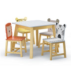 Kids Wood Table and Chair Set with Cartoon Animals Design, White Solid Wood & MDF Furniture for Ages 3-8, 5-Piece Table and C