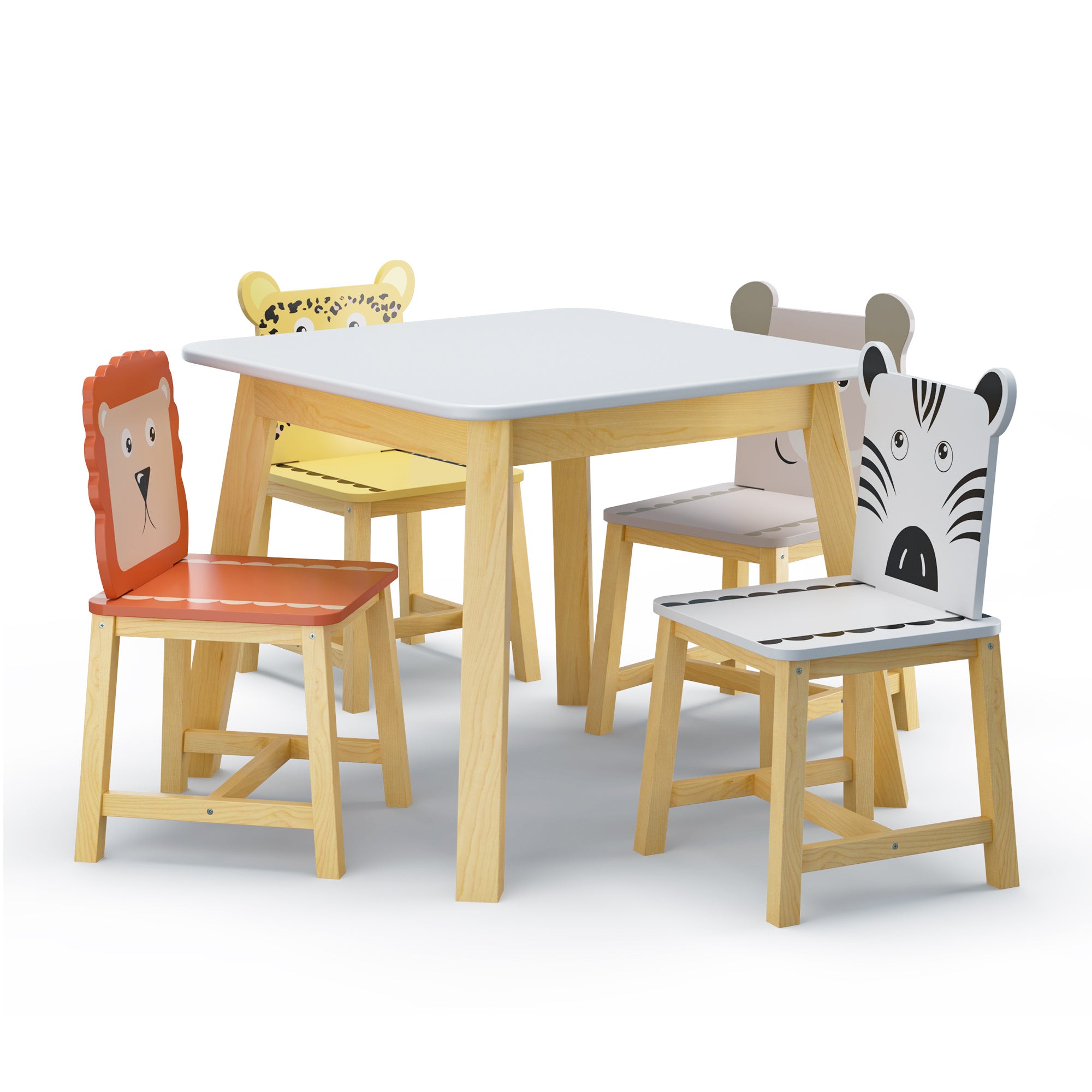 Kids Wood Table and Chair Set with Cartoon Animals Design, White Solid Wood & MDF Furniture for Ages 3-8, 5-Piece Table and C