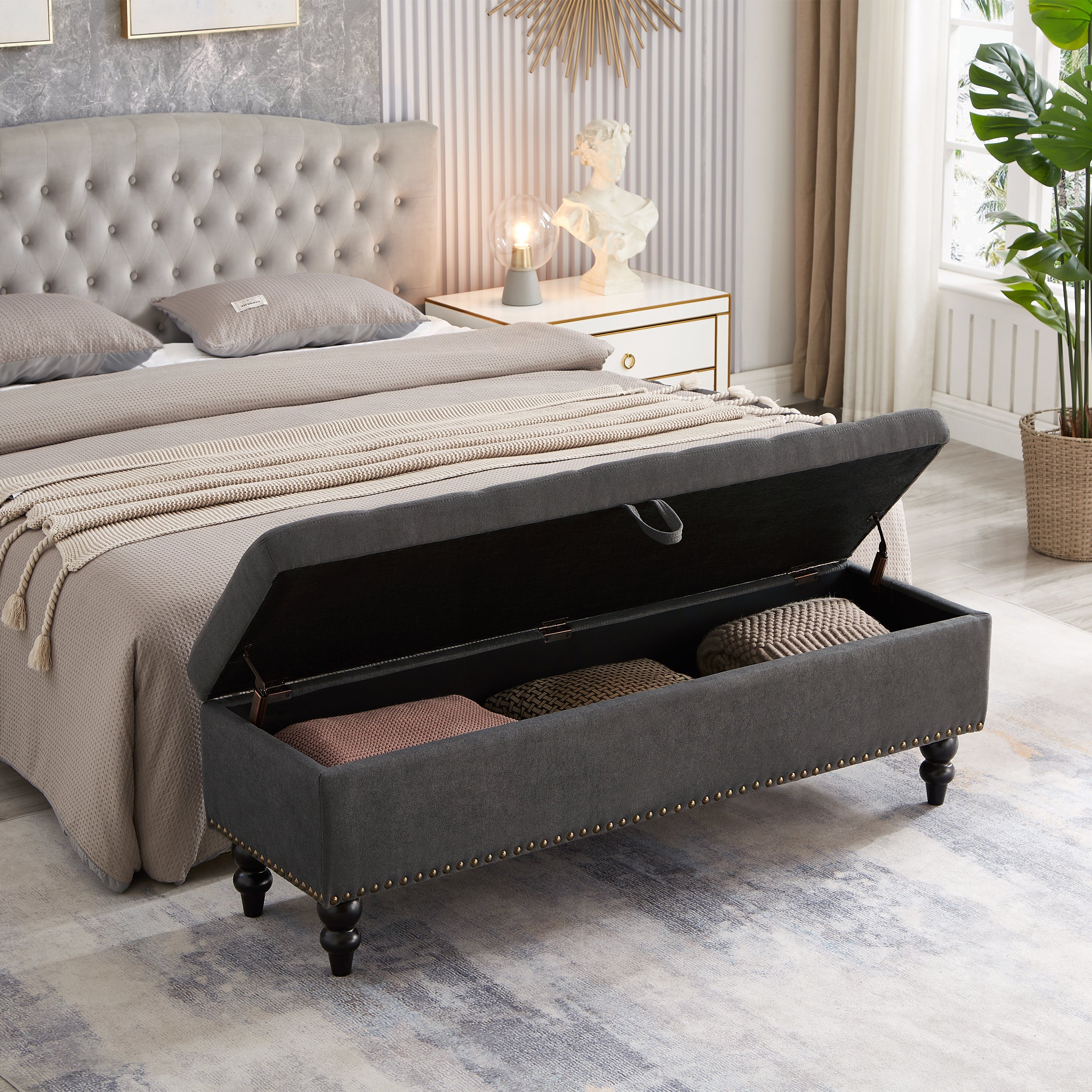 59' Bed Bench with Storage Grey Fabric - Grand Goldman Shop