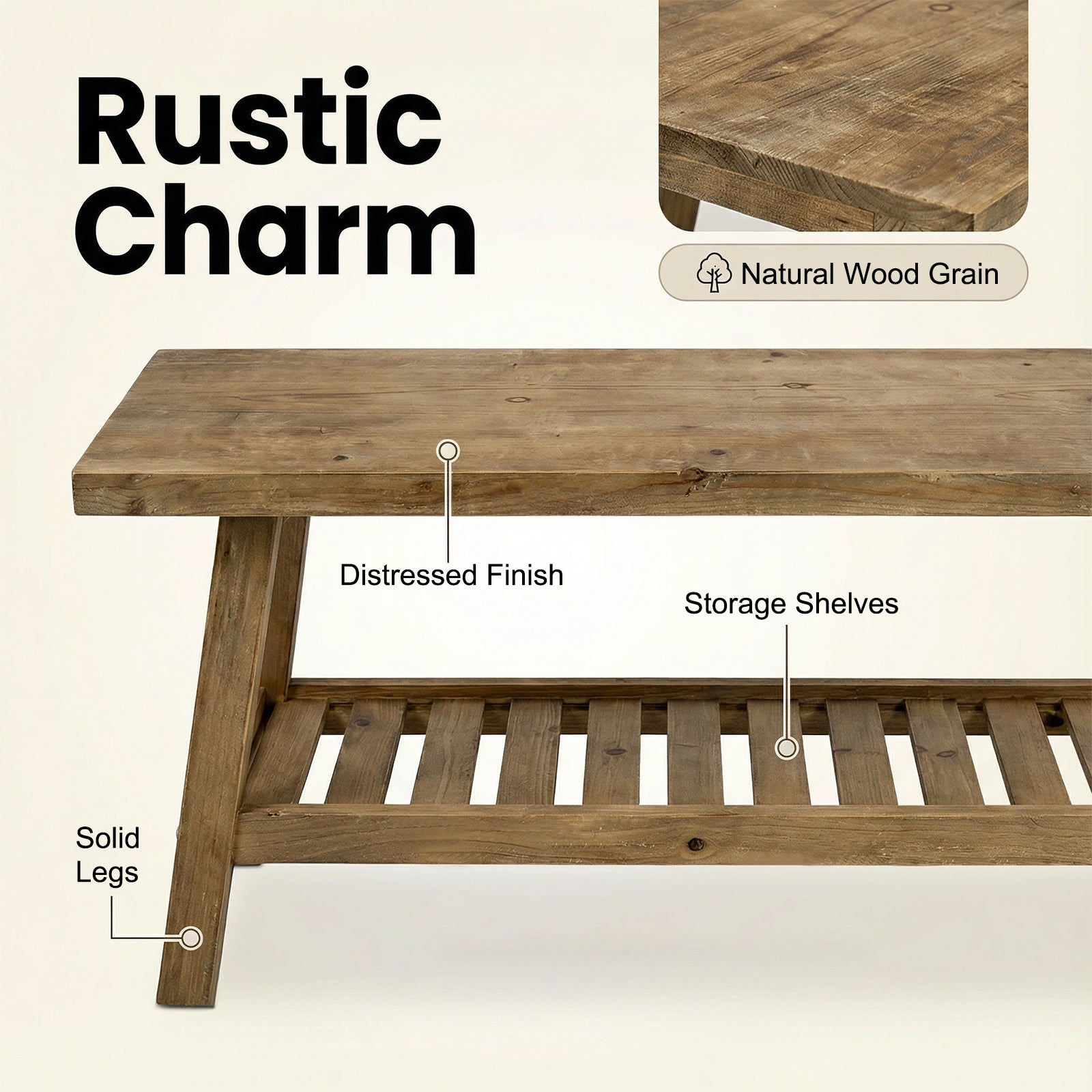 43' Farmhouse Wood Bench, 2-Tier Entryway Bench, Narrow Rustic Storage Bench with Open Storage Shelf for Entryway, Hallway, Living Room, Bedroom, Kitchen, Dining (Distressed Wood Color) - Grand Goldman Shop