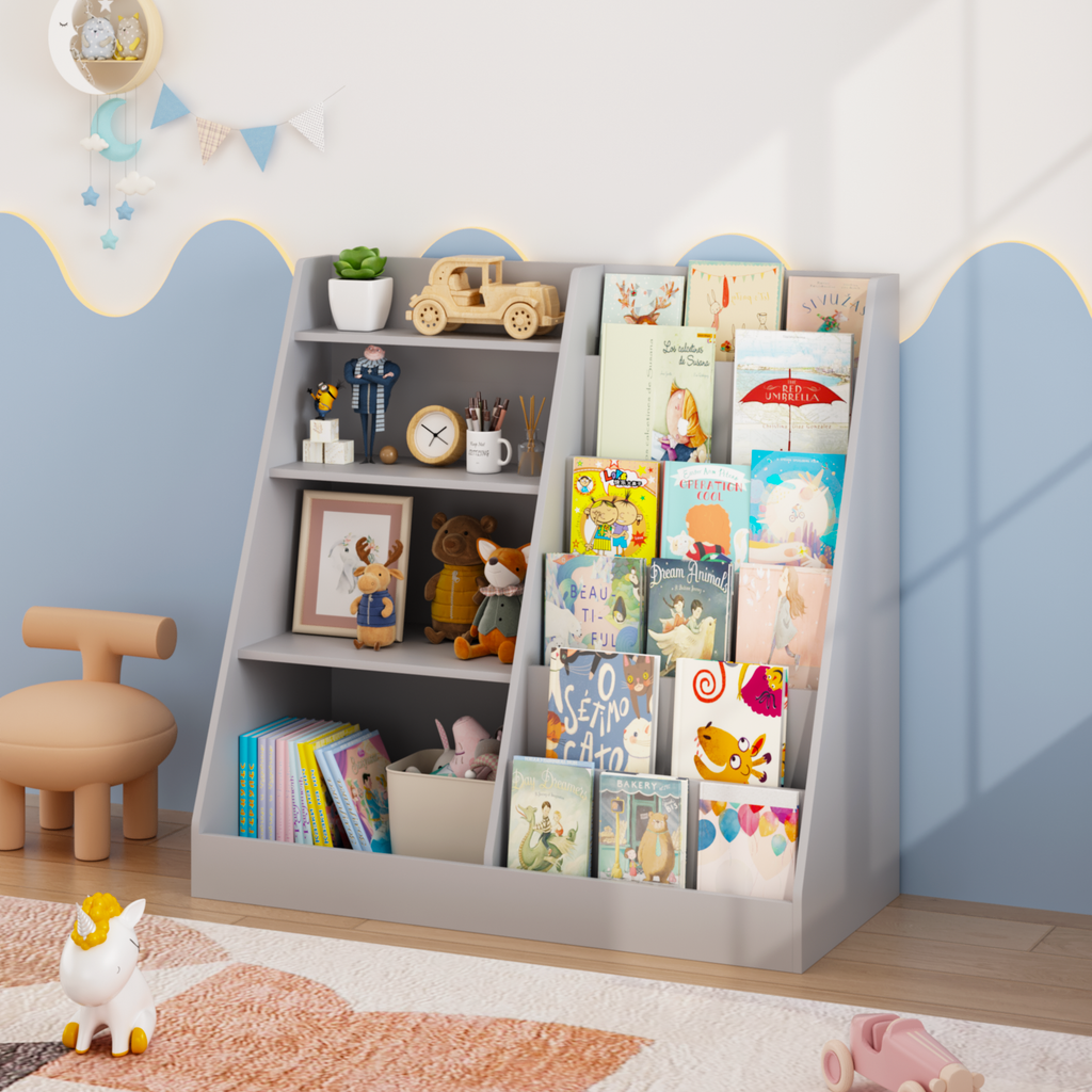 Kids Bookshelf and Toy Storage Organizer, Multifunctional 4 Tier Wooden Kids Book Shelf with  Bookcase Display Stand in Kids 