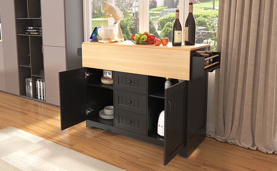 K&K 55.7'' Large Kitchen Island with 2 Drop Leaf,, Rolling Kitchen Cart on 5 Wheels with Power Outlet, Folding Storage Dining Table with Spice & Towel Rack , 3 Drawers, for Kitchen, Dining Room,Black - Grand Goldman Shop