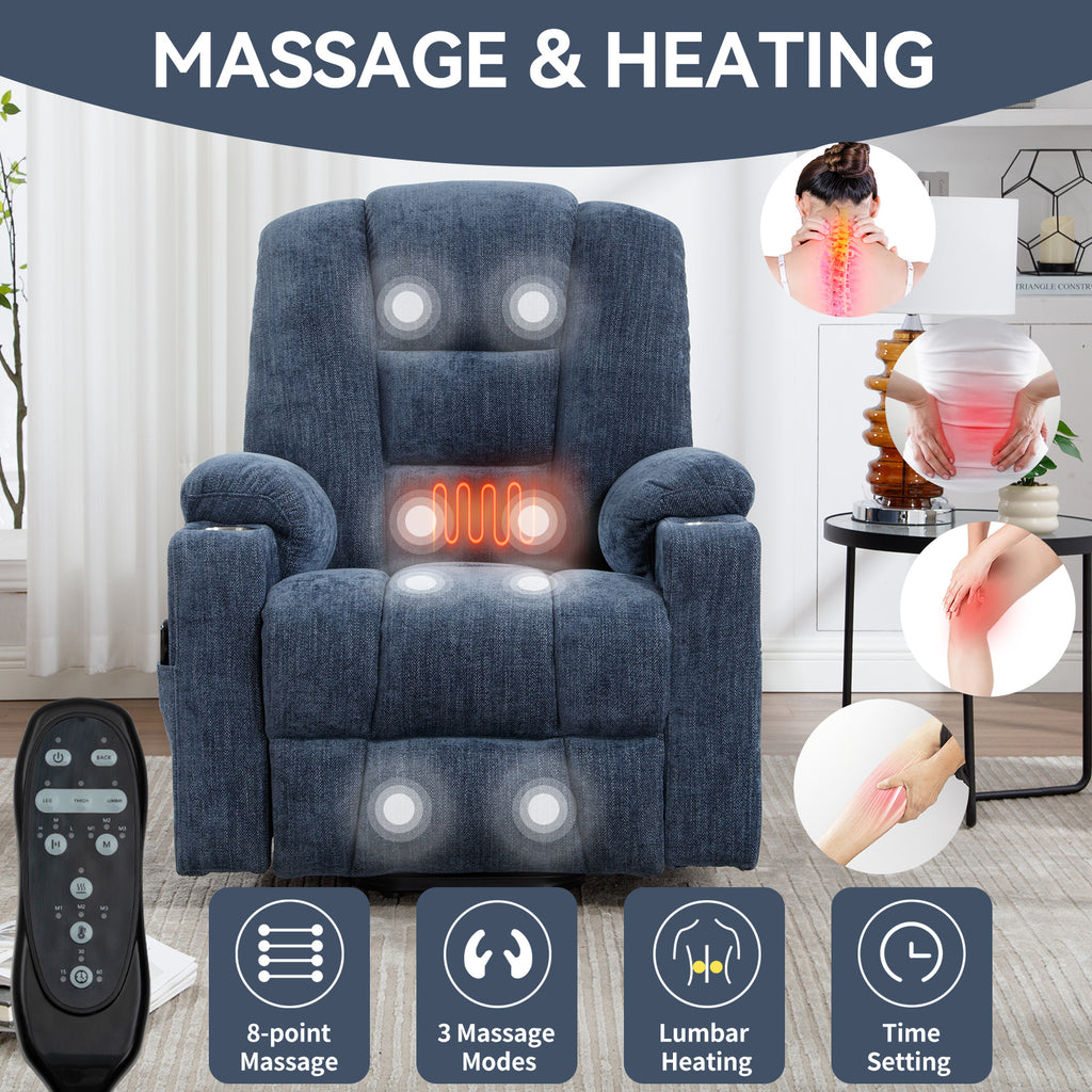 Power Lift Recliner Chair with Massage and Heat for Elderly, Overstuffed Wide Recliners, Heavy Duty Motion Mechanism with USB and Type C Ports, 2 Steel Cup Holders, Blue - Grand Goldman Shop