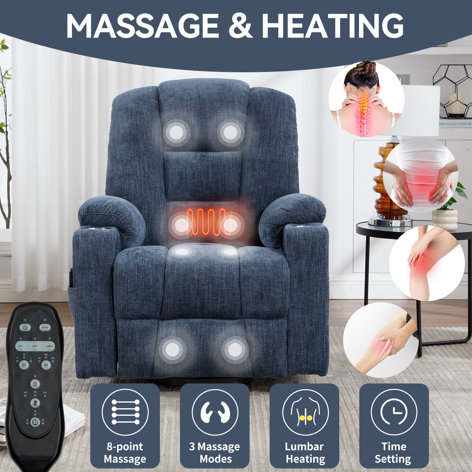 Power Lift Recliner Chair with Massage and Heat for Elderly, Overstuffed Wide Recliners, Heavy Duty Motion Mechanism with USB and Type C Ports, 2 Steel Cup Holders, Blue - Grand Goldman Shop