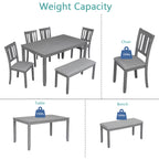 6PCs Kitchen Dining Set, Rectangular Wooden Dining Table with 4 Upholstered Chairs and a Bench, Dining Table Set for 6 People, Living Room, Home Bar and Kitchen, Gray - Grand Goldman Shop