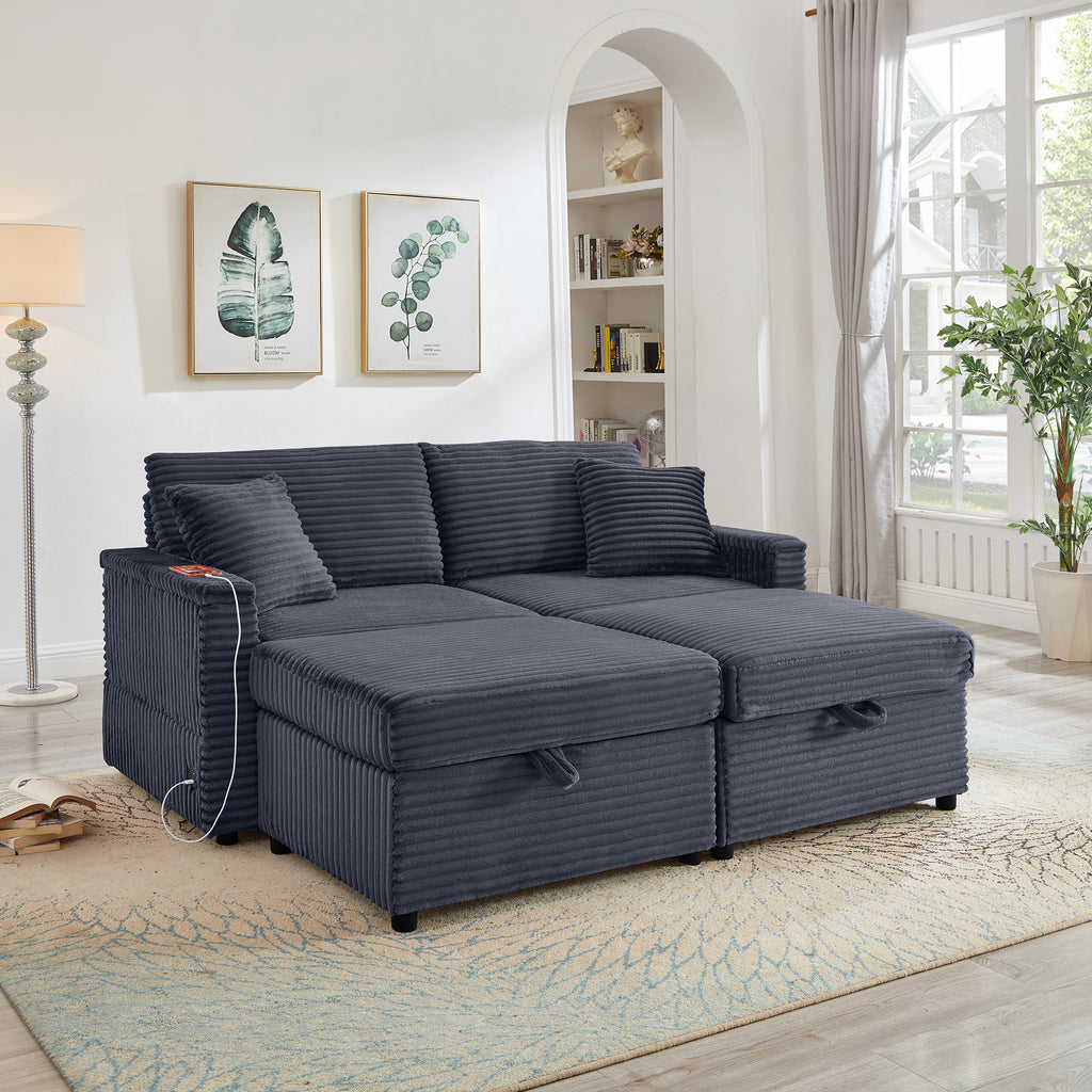 Comfortable Fluffy Corduroy Lazy Sofa, Storage Space for Big Loveseat, Super Soft Chaise Lounge with Double Ottomans and Table Board,Suitable for Chailiving - Grand Goldman Shop