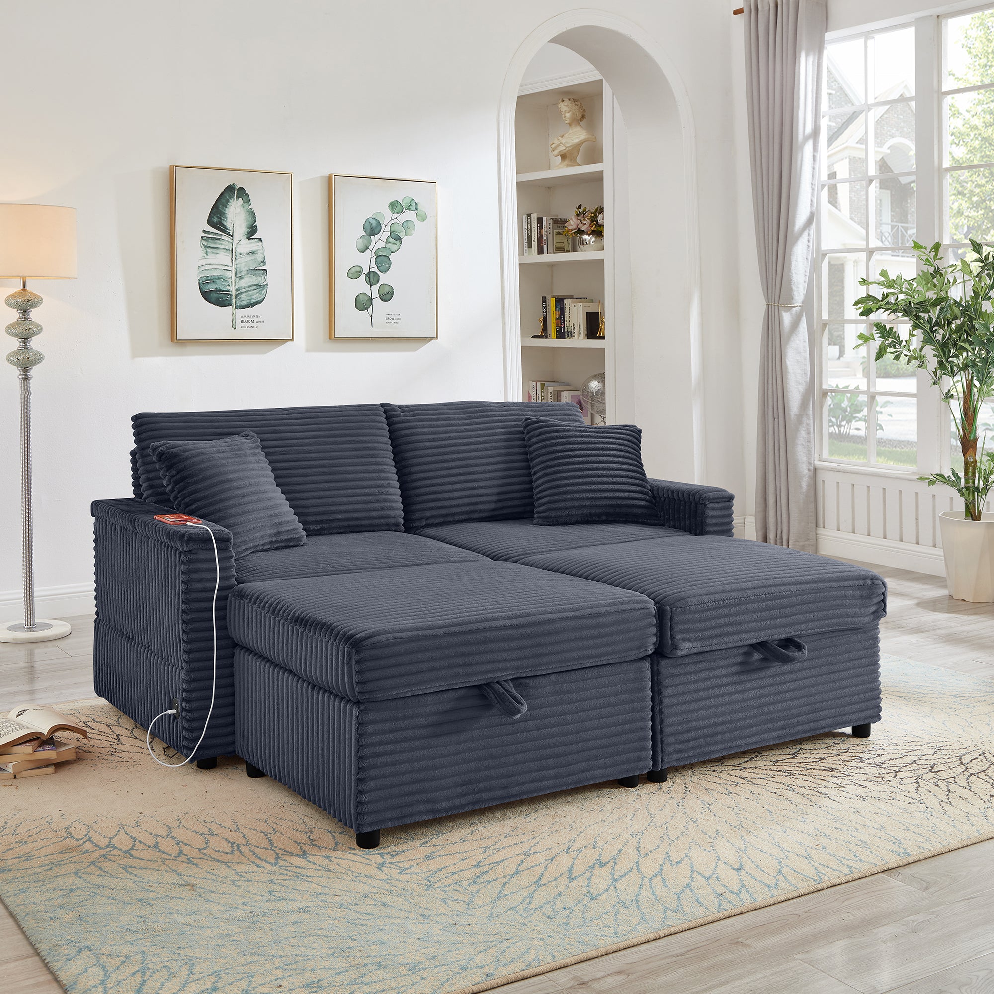 Comfortable Fluffy Corduroy Lazy Sofa, Storage Space for Big Loveseat, Super Soft Chaise Lounge with Double Ottomans and Table Board,Suitable for Chailiving - Grand Goldman Shop