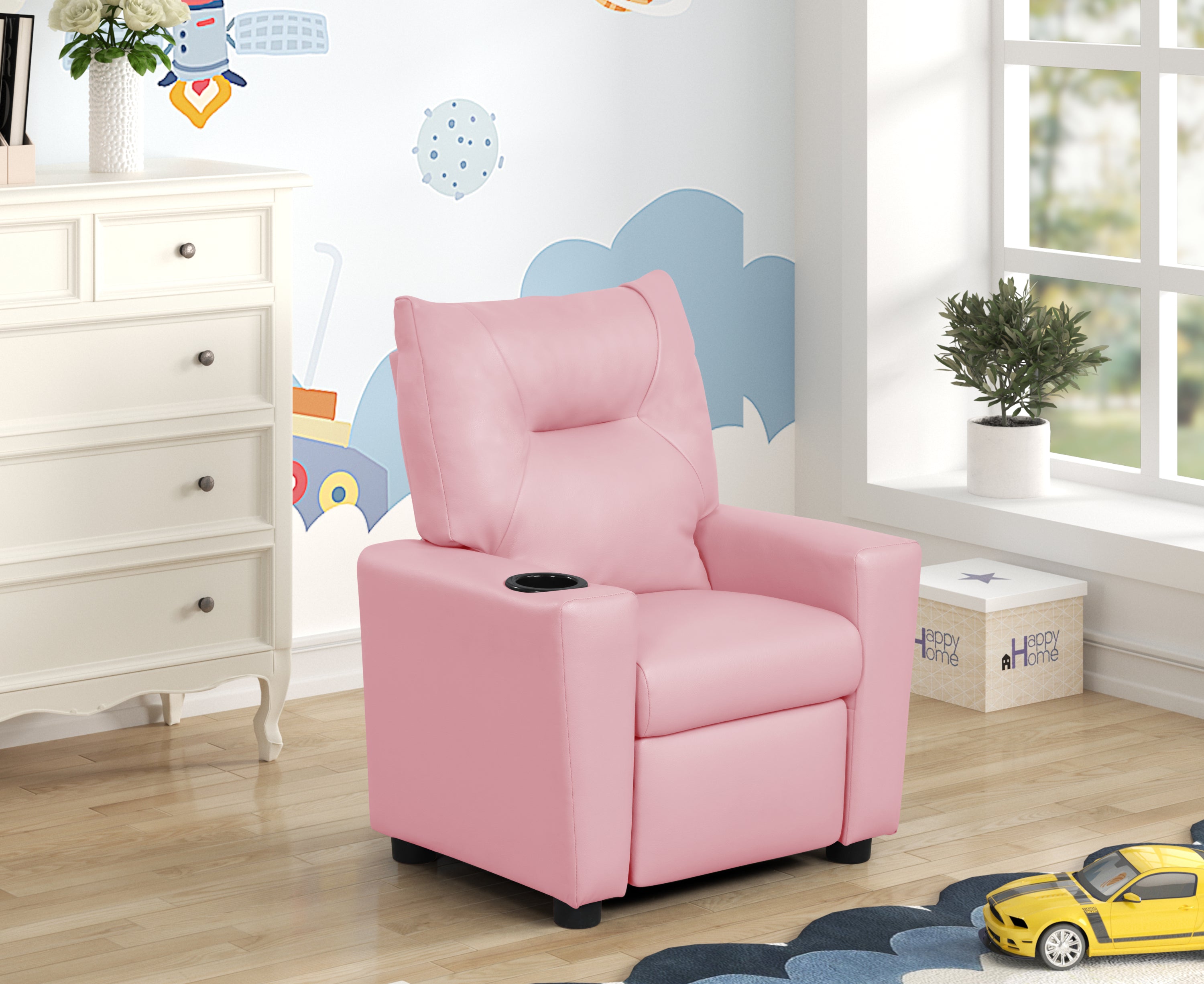 Perline 23'W Pink PU Leather Kids Recliner Chair with Cupholder - Grand Goldman
