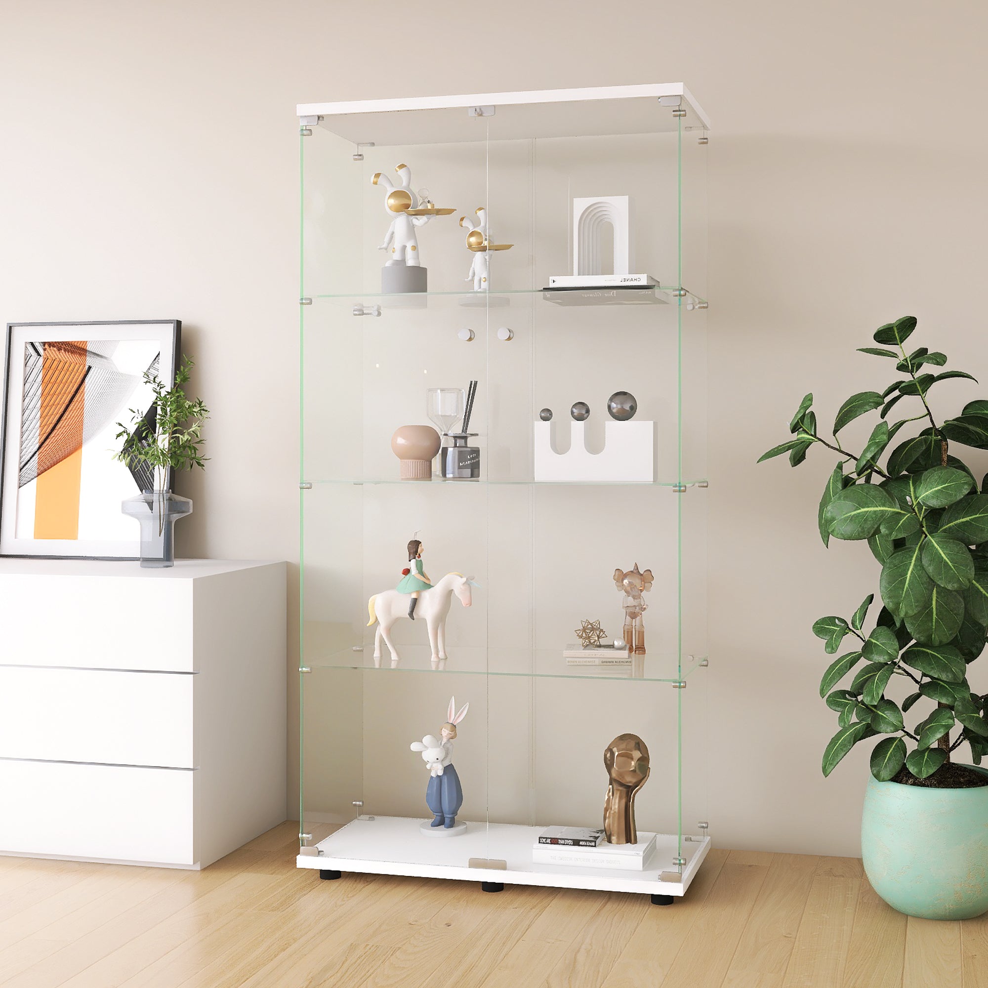 Two-door Glass Display Cabinet 4 Shelves with Door, Floor Standing Curio Bookshelf for Living Room Bedroom Office, 64.7'*31.7