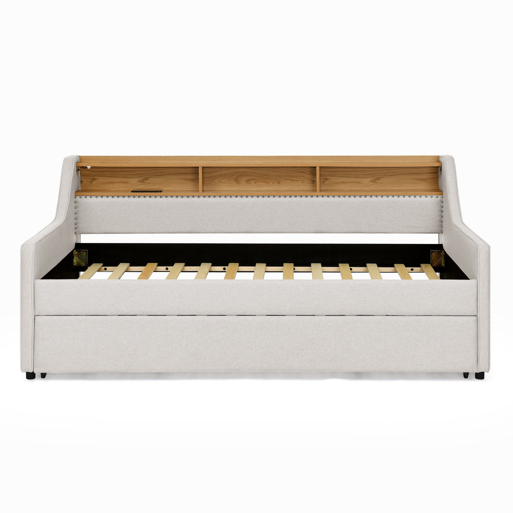 Beige Linen Upholstered Twin Sofa Bed with LED Lights, Wireless Charging, Adjustable Headboard Storage & Foldable Trundle, 80.5''x46''x34'' - Grand Goldman Shop