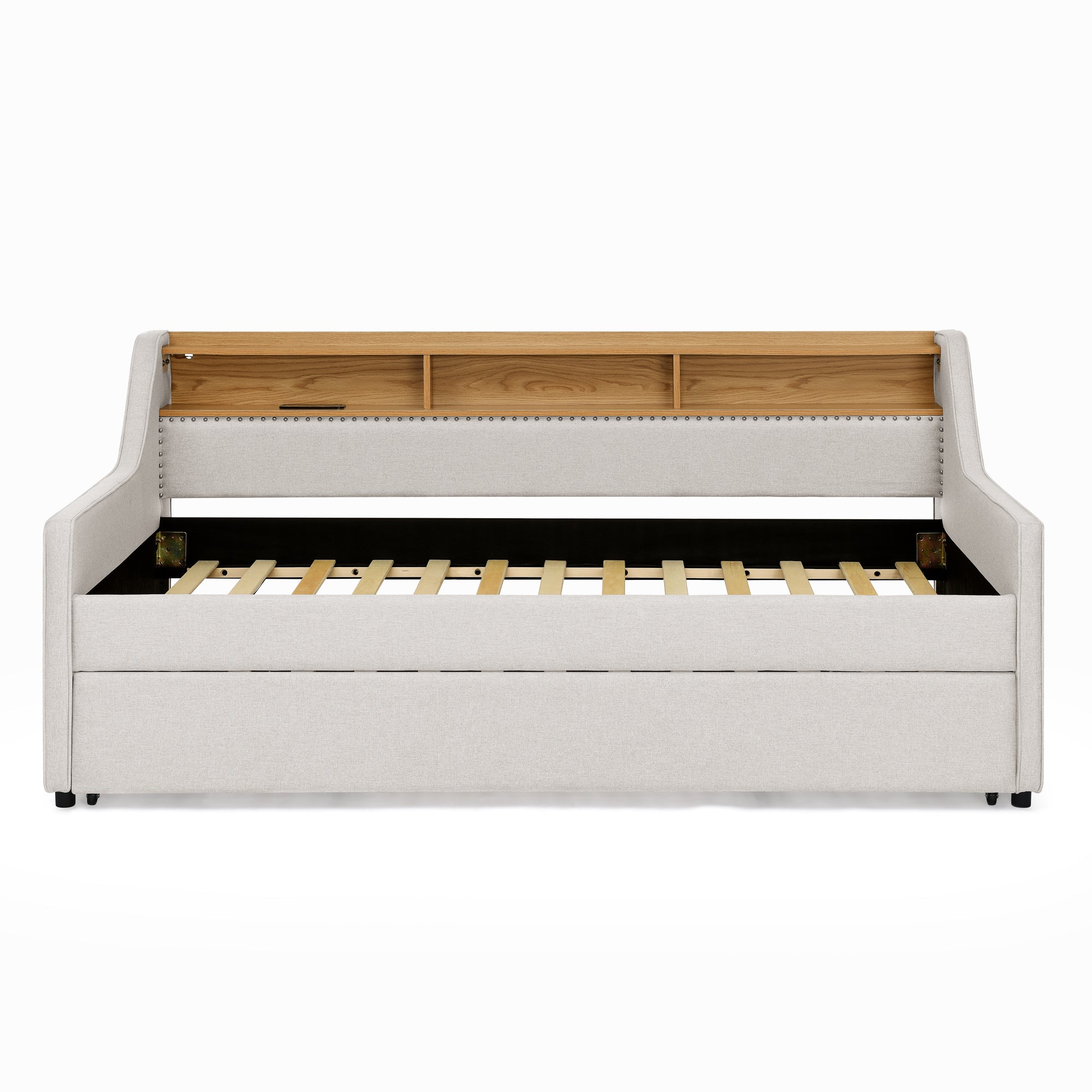 Beige Linen Upholstered Twin Sofa Bed with LED Lights, Wireless Charging, Adjustable Headboard Storage & Foldable Trundle, 80.5''x46''x34'' - Grand Goldman Shop