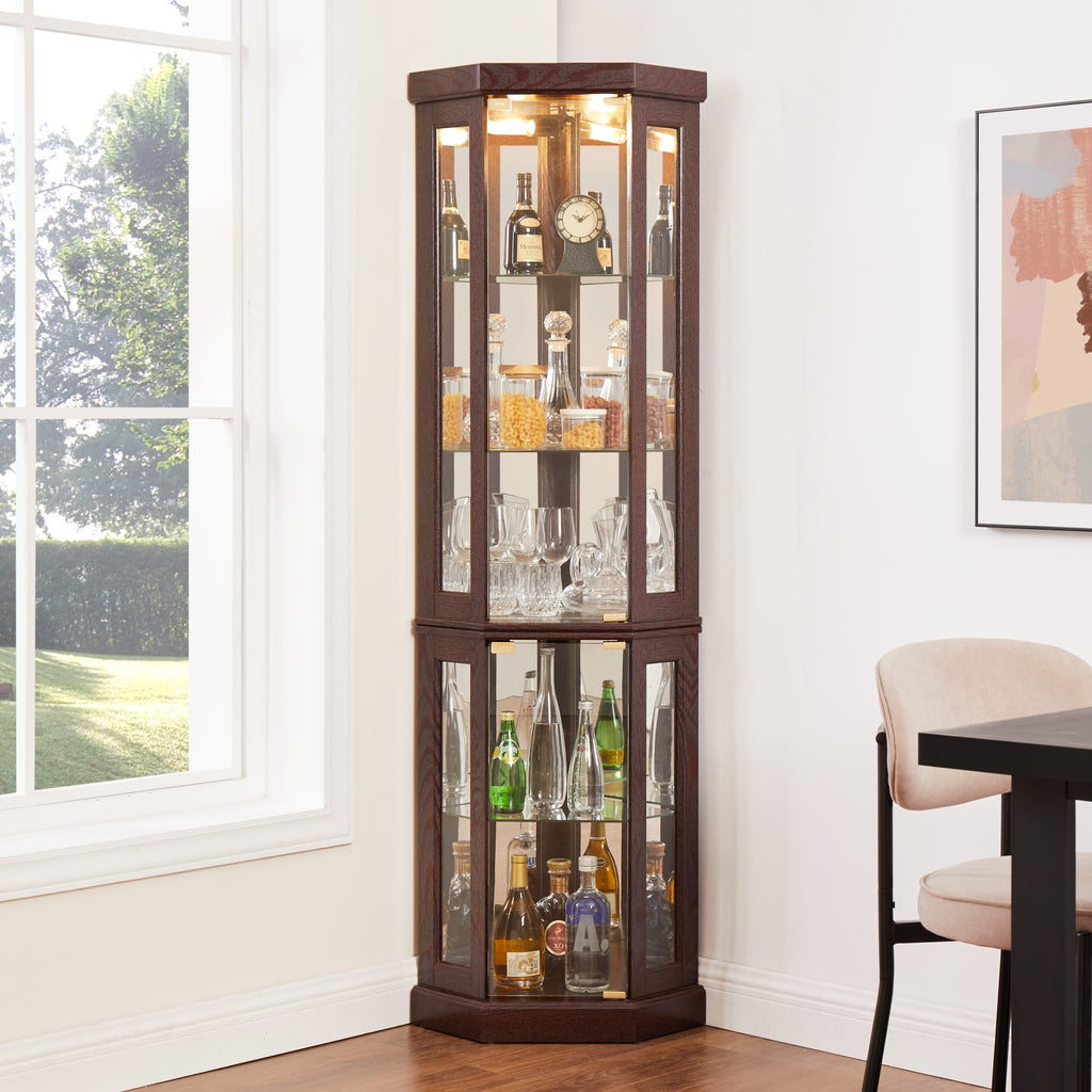 Corner Glass Cabinet Lighted Curio Cabinet Corner Display Case for Living Room, Curio Cabinet, Antique collection, Wine,Bar Glass Storage Light Included,Dark Cherry - Grand Goldman Shop