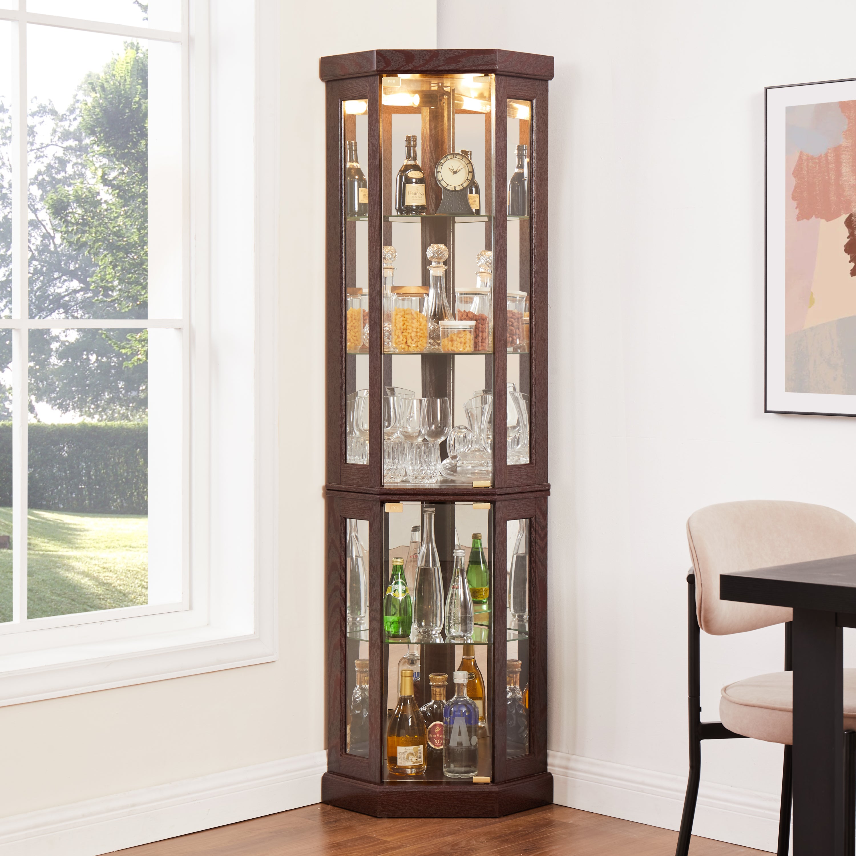 Corner Glass Cabinet Lighted Curio Cabinet Corner Display Case for Living Room, Curio Cabinet, Antique collection, Wine,Bar Glass Storage Light Included,Dark Cherry - Grand Goldman Shop
