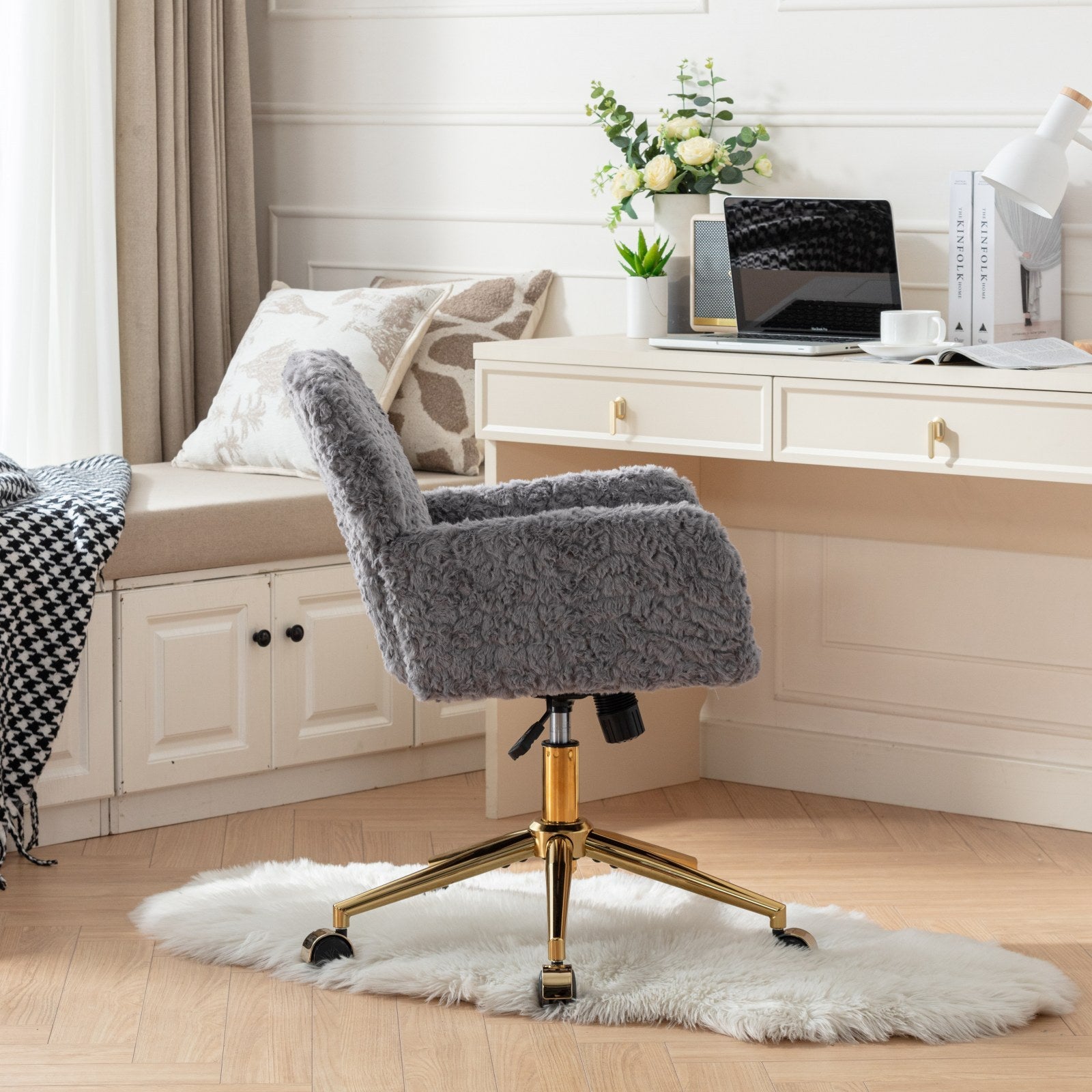 A&A Furniture Gray Adjustable Desk Chair with Artificial Rabbit Hair and Golden Metal Base | Premium Home Decor - Grand Goldm