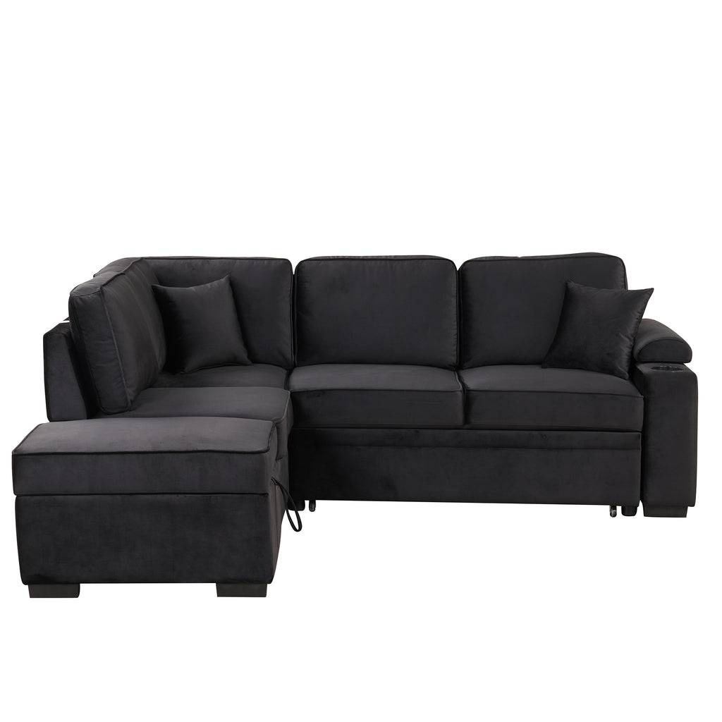 Modern Velvet Sleeper Sofa Bed with Storage Ottoman, Black, 84.75' L Shape - Grand Goldman Shop