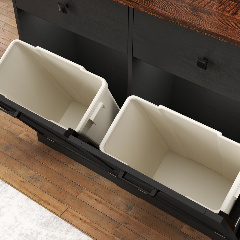 Farmhouse Black Double Tilt Out Trash Cabinet with Hideaway Drawer and Barn Door Style, Engineered Wood, 39.3''×13''×34.45'' - Grand Goldman Shop