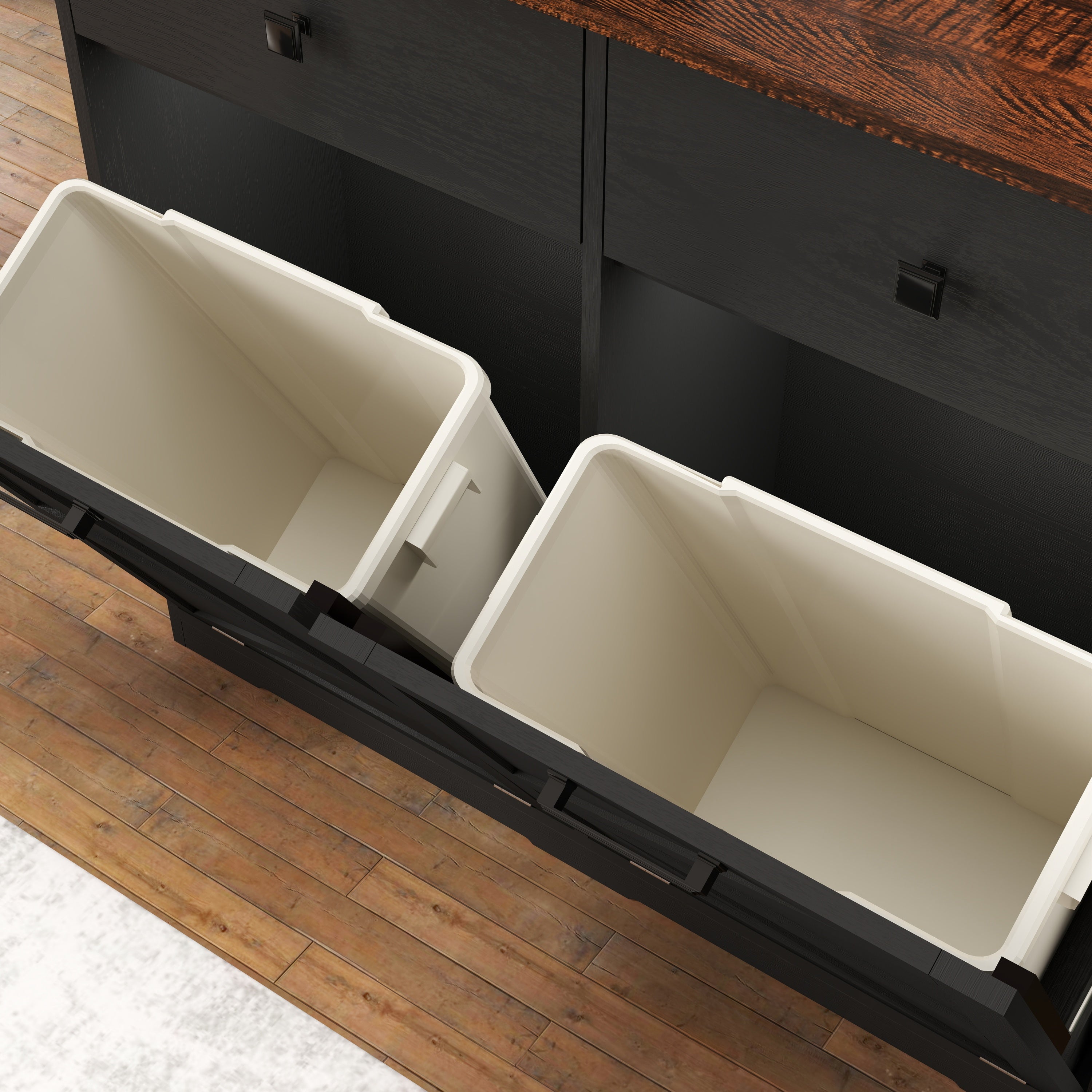 Farmhouse Black Double Tilt Out Trash Cabinet with Hideaway Drawer and Barn Door Style, Engineered Wood, 39.3''×13''×34.45'' - Grand Goldman Shop