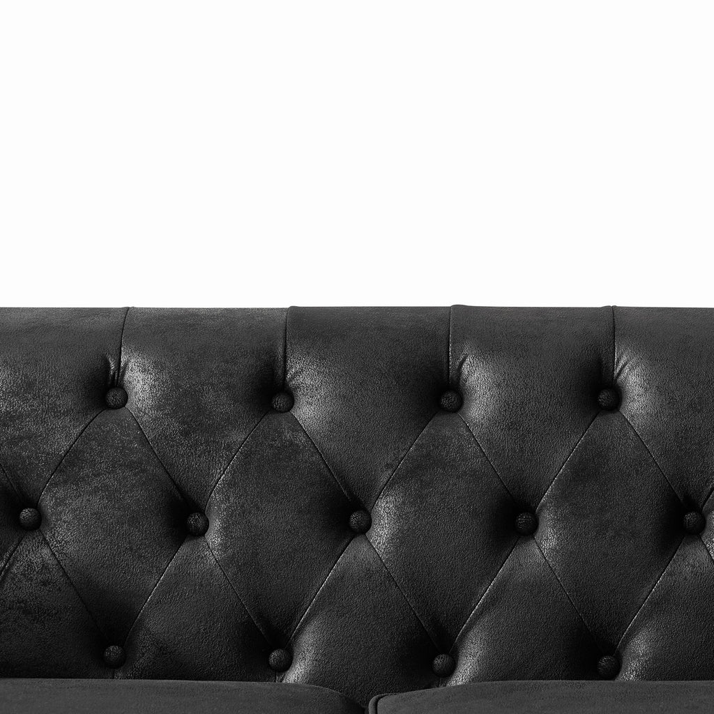 Chesterfield Faux Leather Sofa, High-tech Fabric Roll Armrest, Black, 66' - Grand Goldman Shop