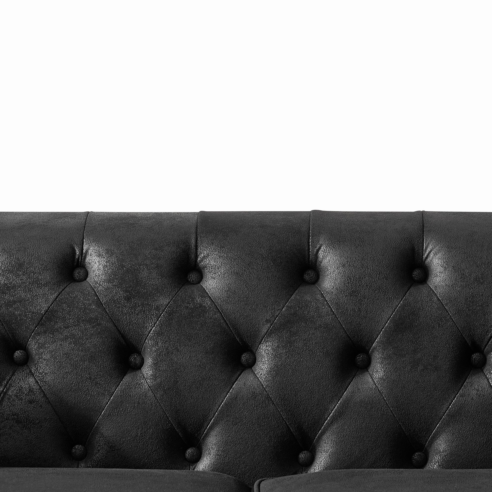 Chesterfield Faux Leather Sofa, High-tech Fabric Roll Armrest, Black, 66' - Grand Goldman Shop