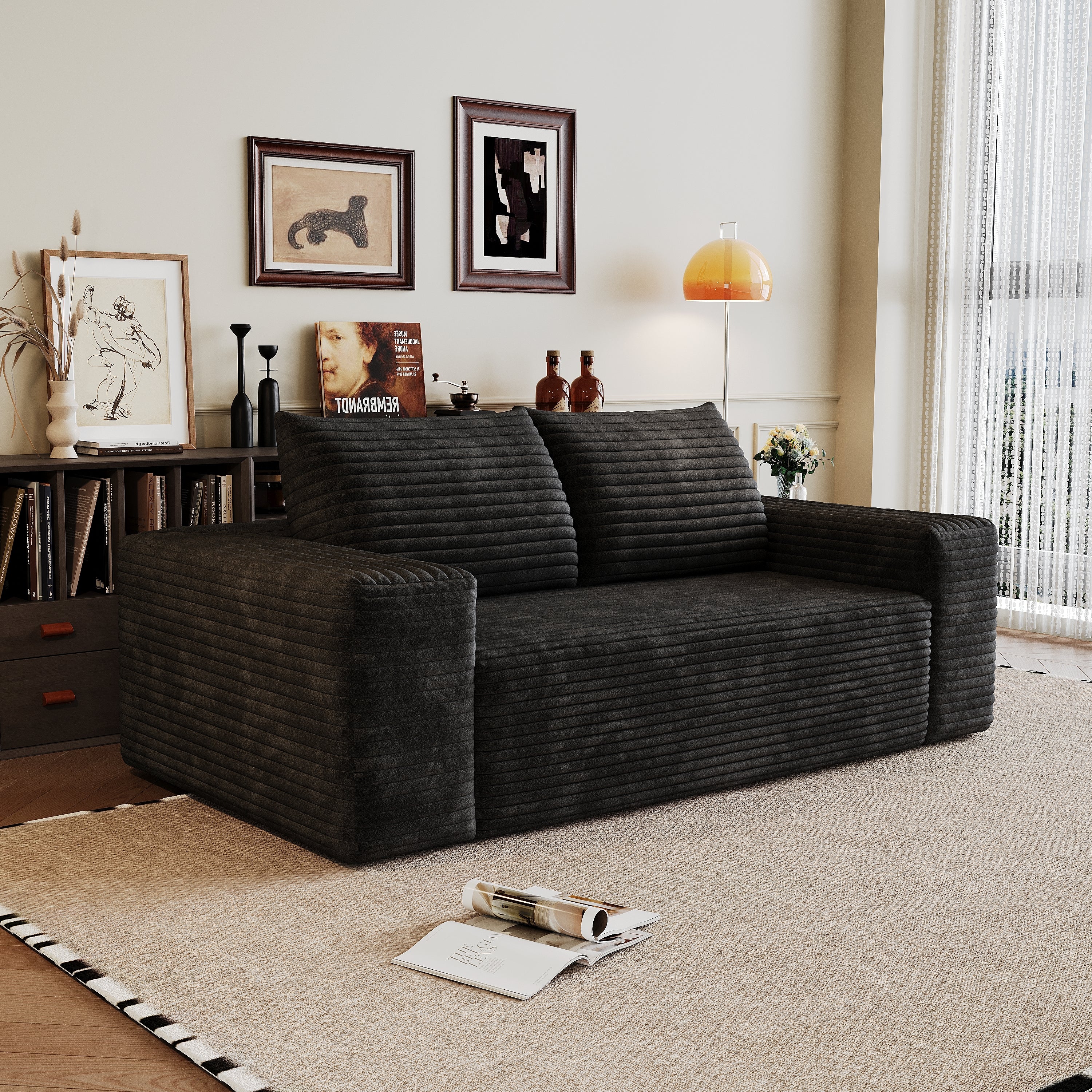 63' 2Setaser Sofa,Corduroy Fabric,Deep Seat Couches,Comfy Loveseat Sofa,No Assembly,1pcs for Living room, Bedroom,Conference room ,Apartment,Black - Grand Goldman Shop