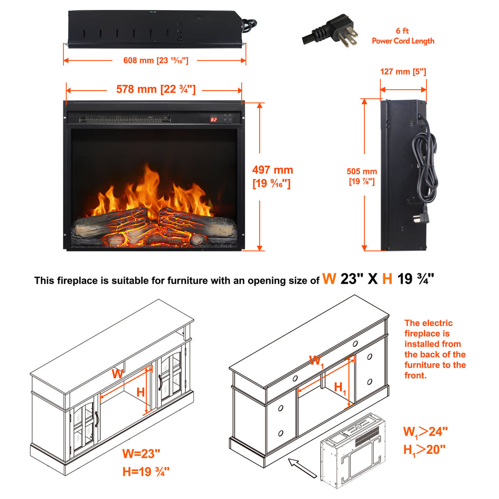 23 inch electric fireplace insert, ultra thin heater with log set & realistic flame, remote control with timer, overheating protection - Grand Goldman Shop