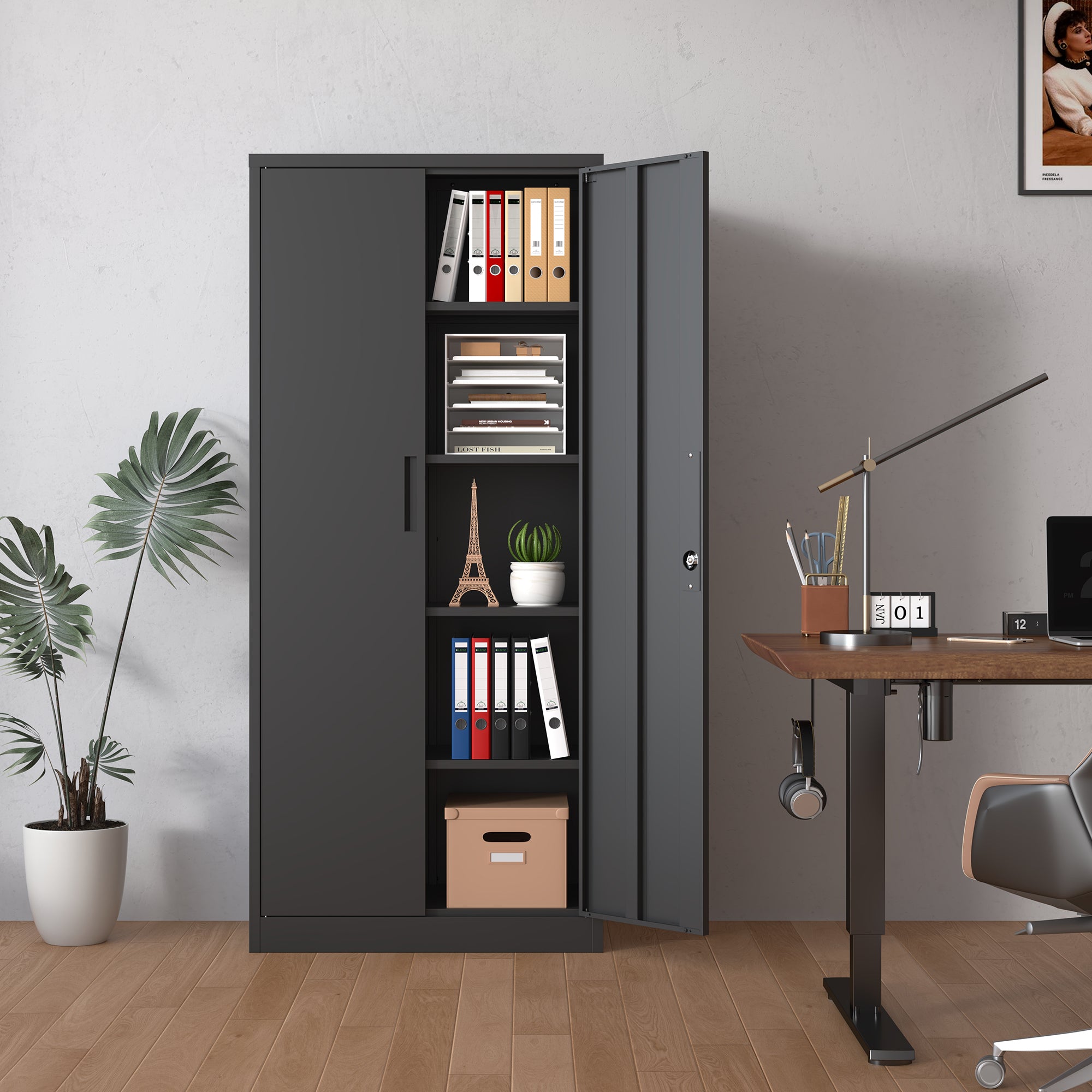 Heavy Metal 72'H Garage Storage Cabinet with Locking Doors, Black Steel, Adjustable Shelves | Premium Home Decor - Grand Gold