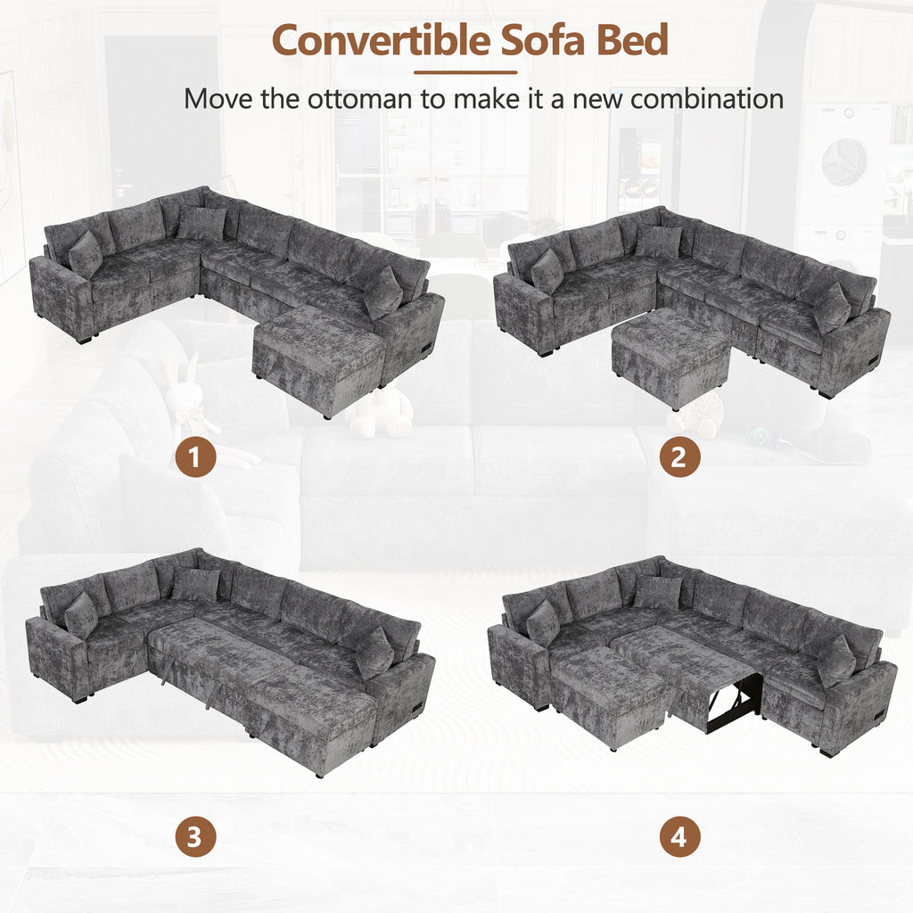 Modern Sectional Sofa Pull-out Sleeper with Storage Ottoman, USB Charging, Grey Tweed Chenille, 112.2' - Grand Goldman Shop