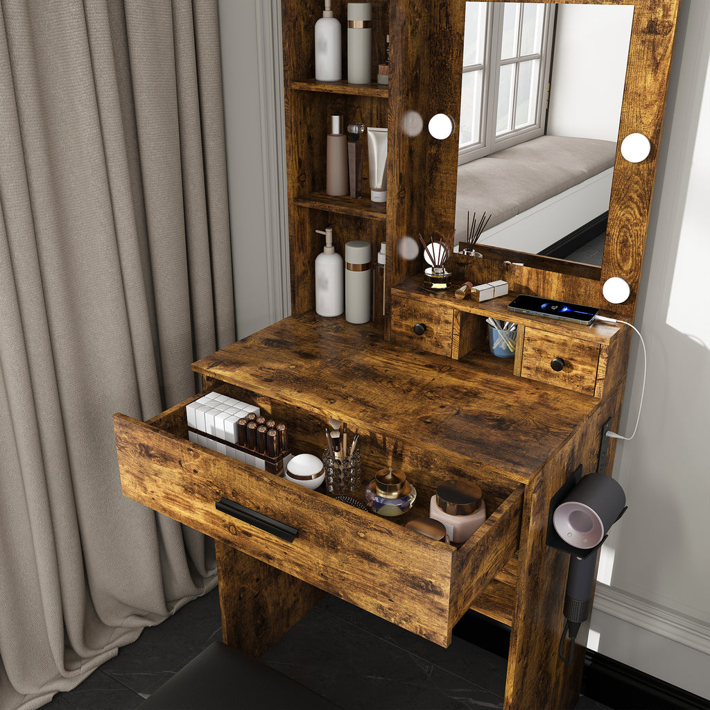 Vintage Vanity Table with Mirror, Adjustable LED Lights, Power Outlet, Hairdryer Holder & Stool – Compact Dressing Desk for Small Bedrooms - Grand Goldman Shop