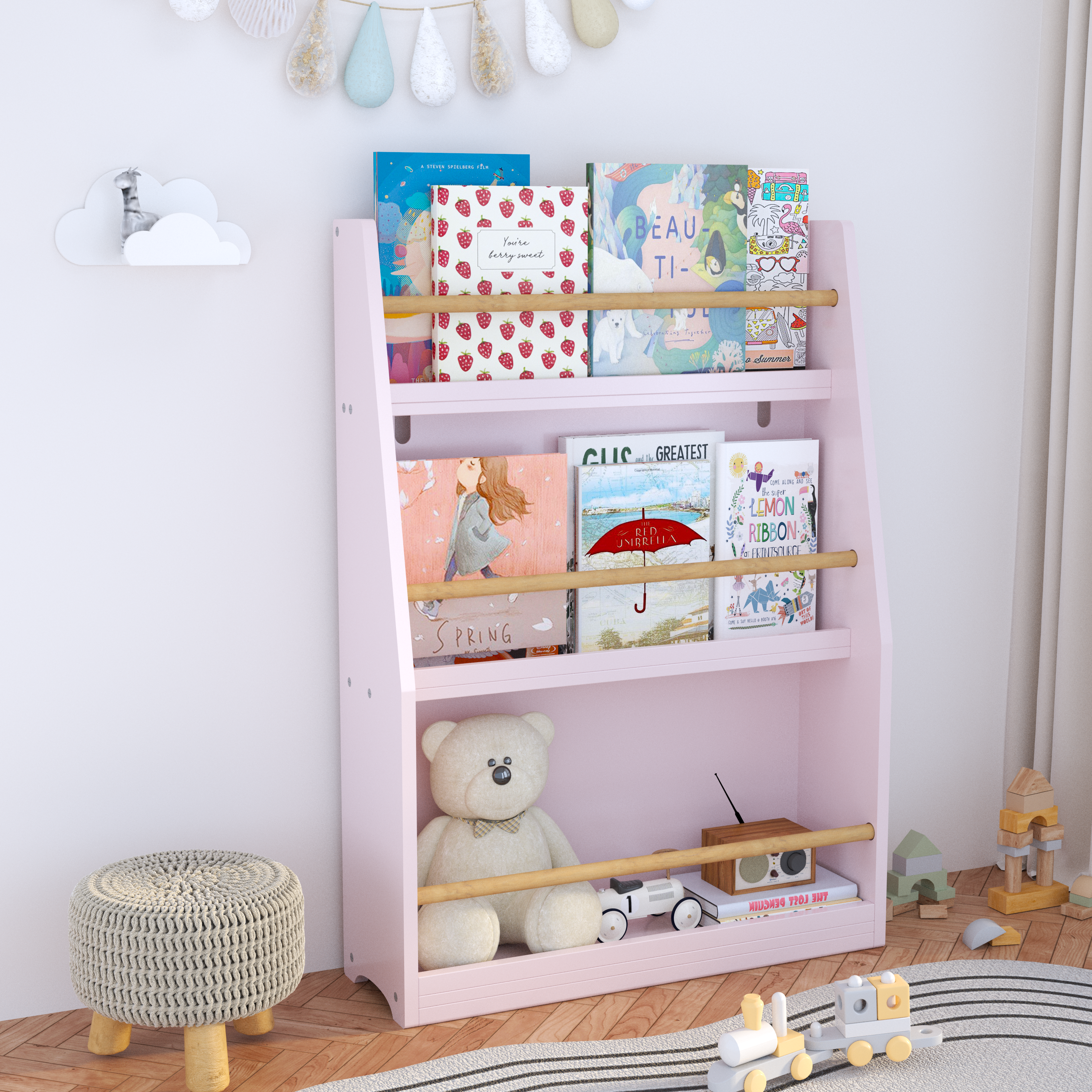 3-Tier Kids Book Shelf, Pink MDF & Pine Wood Storage Rack for Bedrooms, Playrooms, and Classrooms - Grand Goldman