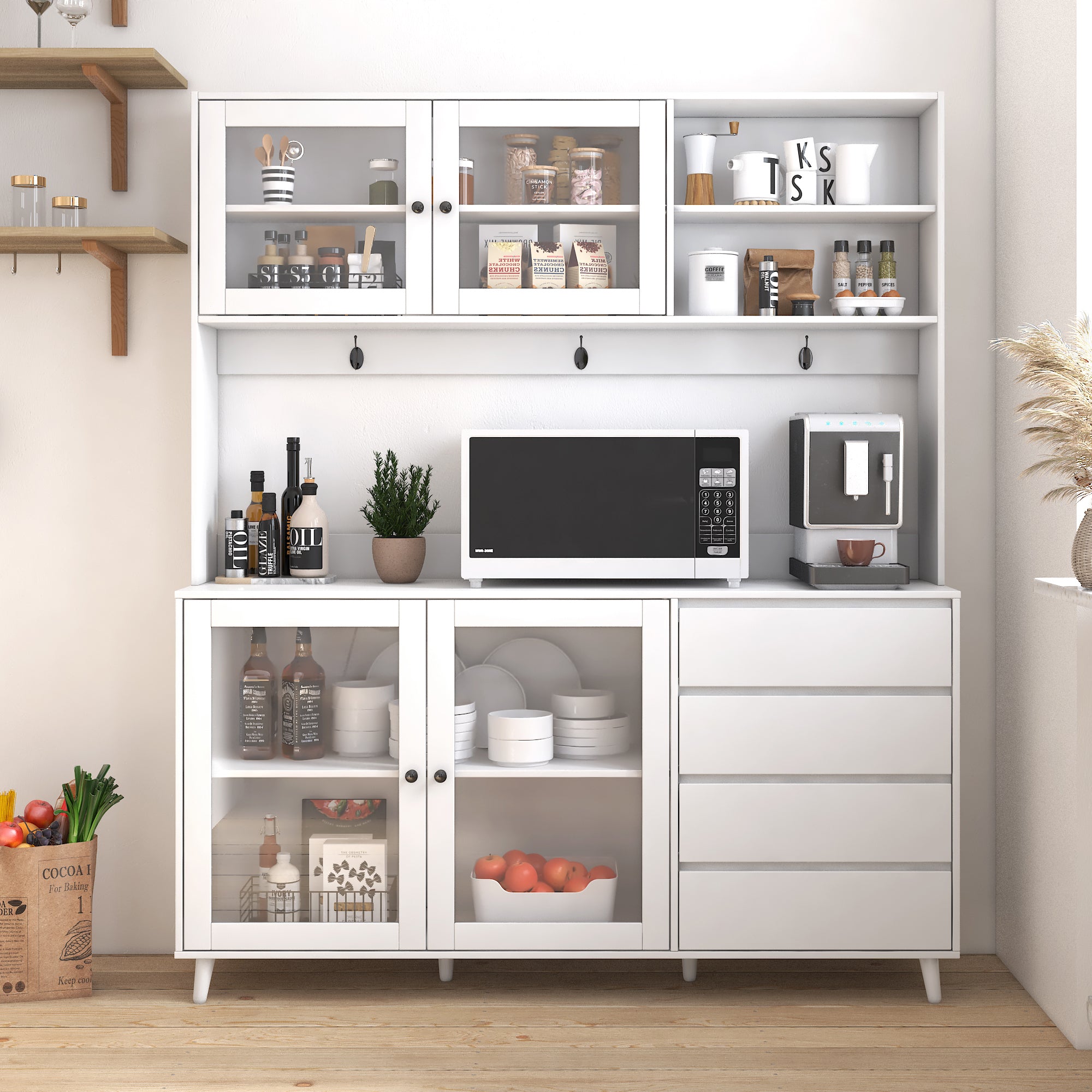 63' W Large Kitchen Hutch Cabinet, Freestanding Pantry Cabinets Storage Kitchen Cupboard with 4 Doors, 4 Drawers & Microwave Shelf, White - Grand Goldman Shop