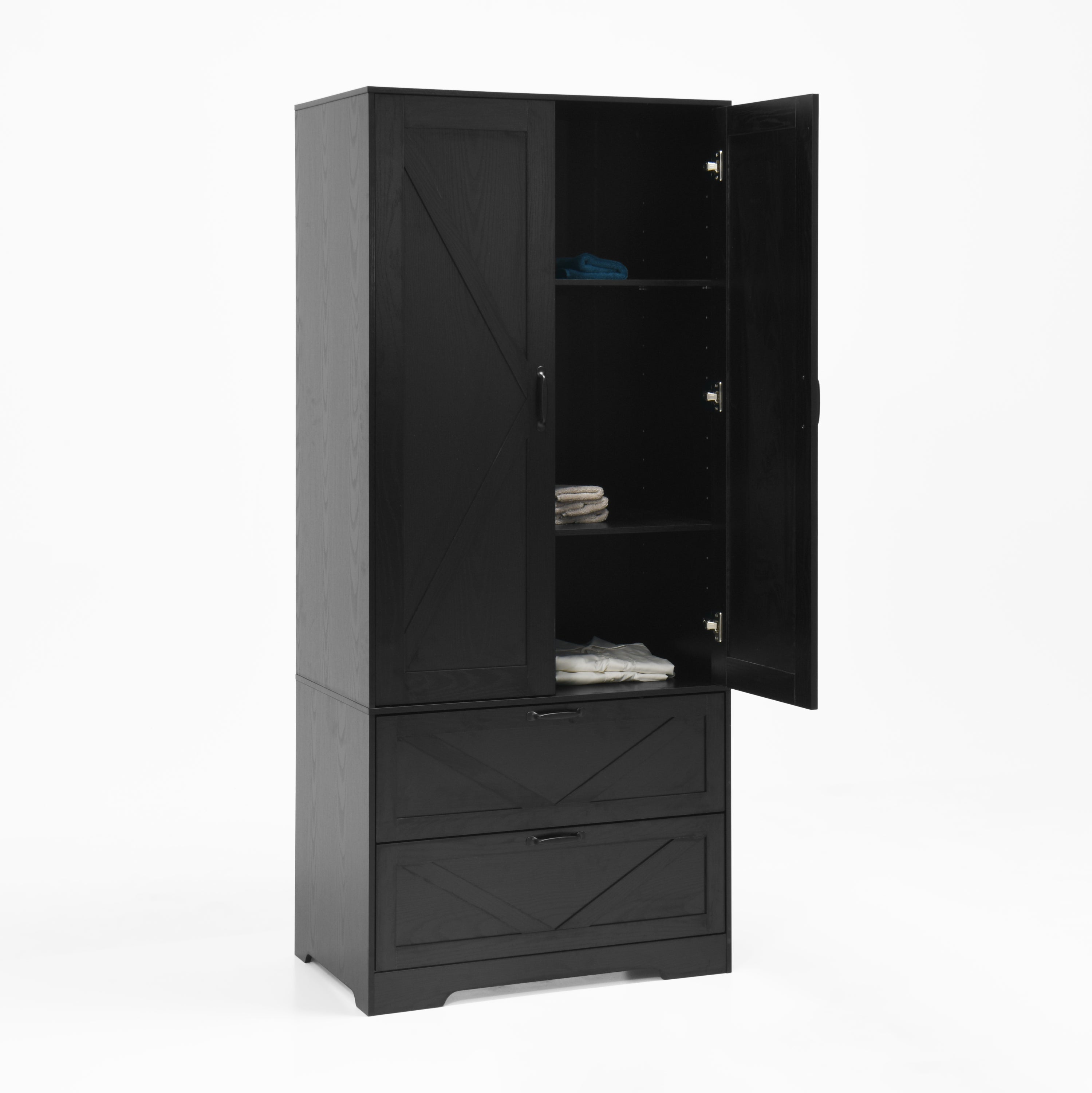 2 Door Wood Wardrobe for Bedroom with Hanging Clothing Rod inside the Cabinet and 2 Drawers for Storage Organization, Built-in induction light Multifunctional Closet with Mirror, Black - Grand Goldman Shop