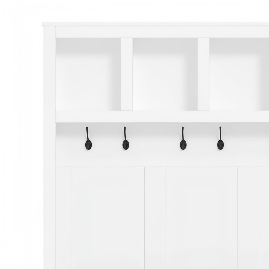Farmhouse Wooden Hall Tree with 6 Hooks, Walnut Storage Bench with Adjustable Shelves, 4-in-1 Entryway Shoe Cabinet with Cubbies for Mudroom, Living Room, White, 76.7'H (OLD SKU: N721S000044K) - Grand Goldman Shop