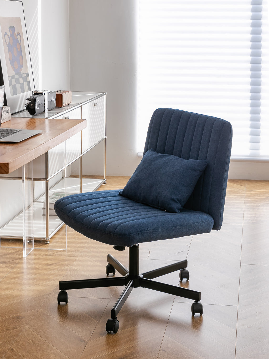 Modern Linen Blue Criss Cross Office Chair with Adjustable Height, Ergonomic Design, and Breathable Fabric in Blue Linen Mate