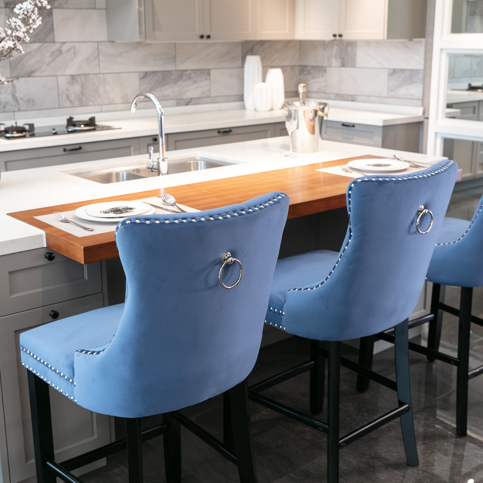 Contemporary Velvet Upholstered Barstools with Button Tufted Decoration and Wooden Legs, and Chrome Nailhead Trim, Leisure Style Bar Chairs,Bar stools, Set of 2 (Blue),SW2002BL - Grand Goldman Shop