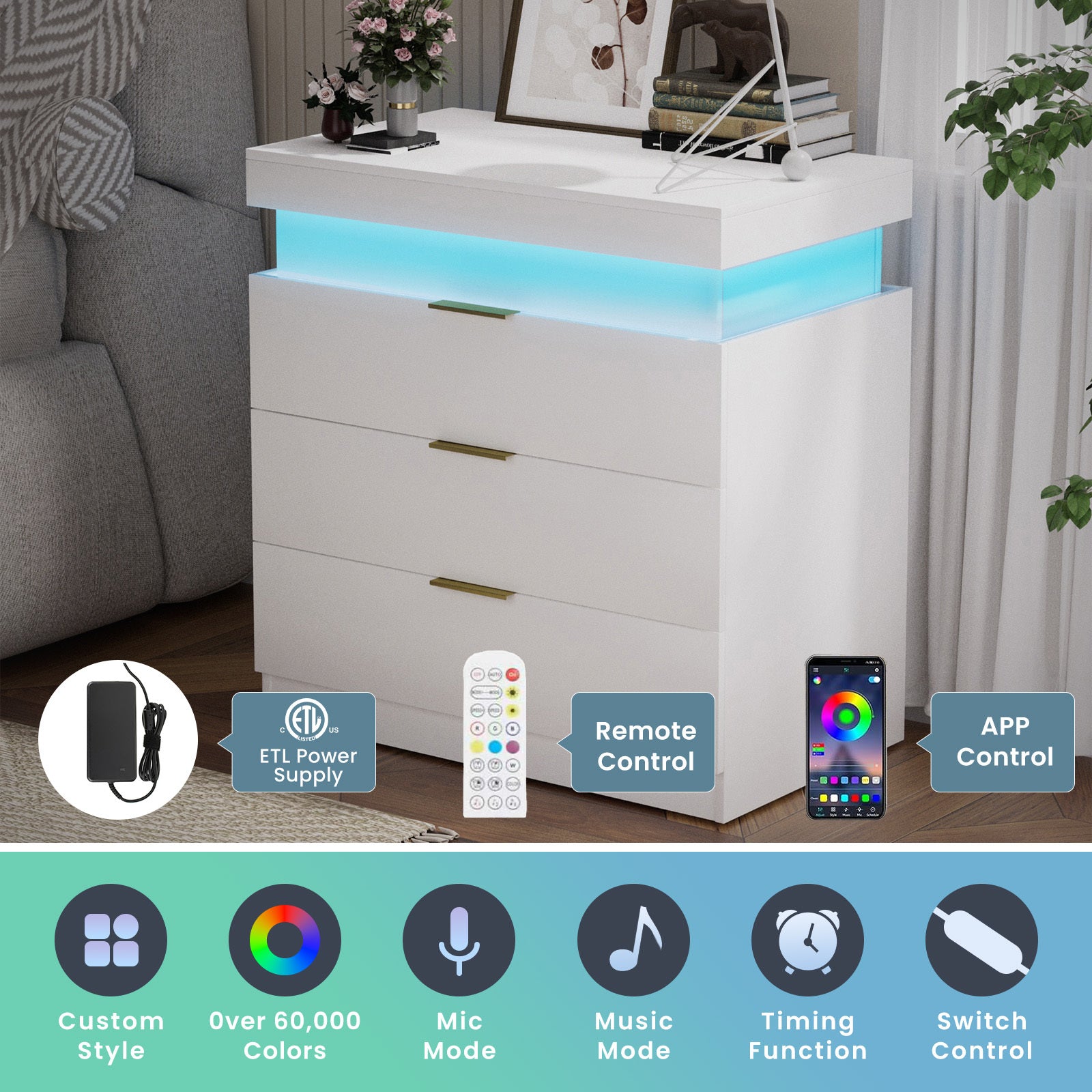 Nightstand with Charging Station and LED Lights,Night Stand with Sliding Top for Bedroom,Bedside Table with Drawers,Modern End Side Table,White.28.8''W x 17''D x 30.5''H. - Grand Goldman Shop