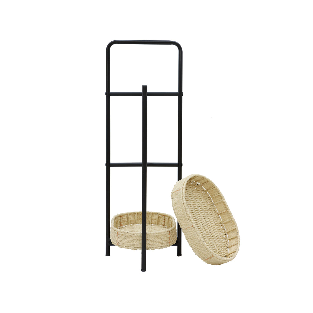 Farmhouse Style 3 Tiers Tray Tables Paper Rope Woven Side Table with Oval Storage Basket in Natural - Grand Goldman Shop