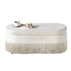Oval Upholstered Storage Ottoman with Fringe Trim & Lift-Top Lid - 39'L x 16'W x 17'H, Multi-Functional Footrest & Hidden Storage for Living Room or Bedroom - Beige Fabric with Metal Frame - Grand Goldman Shop