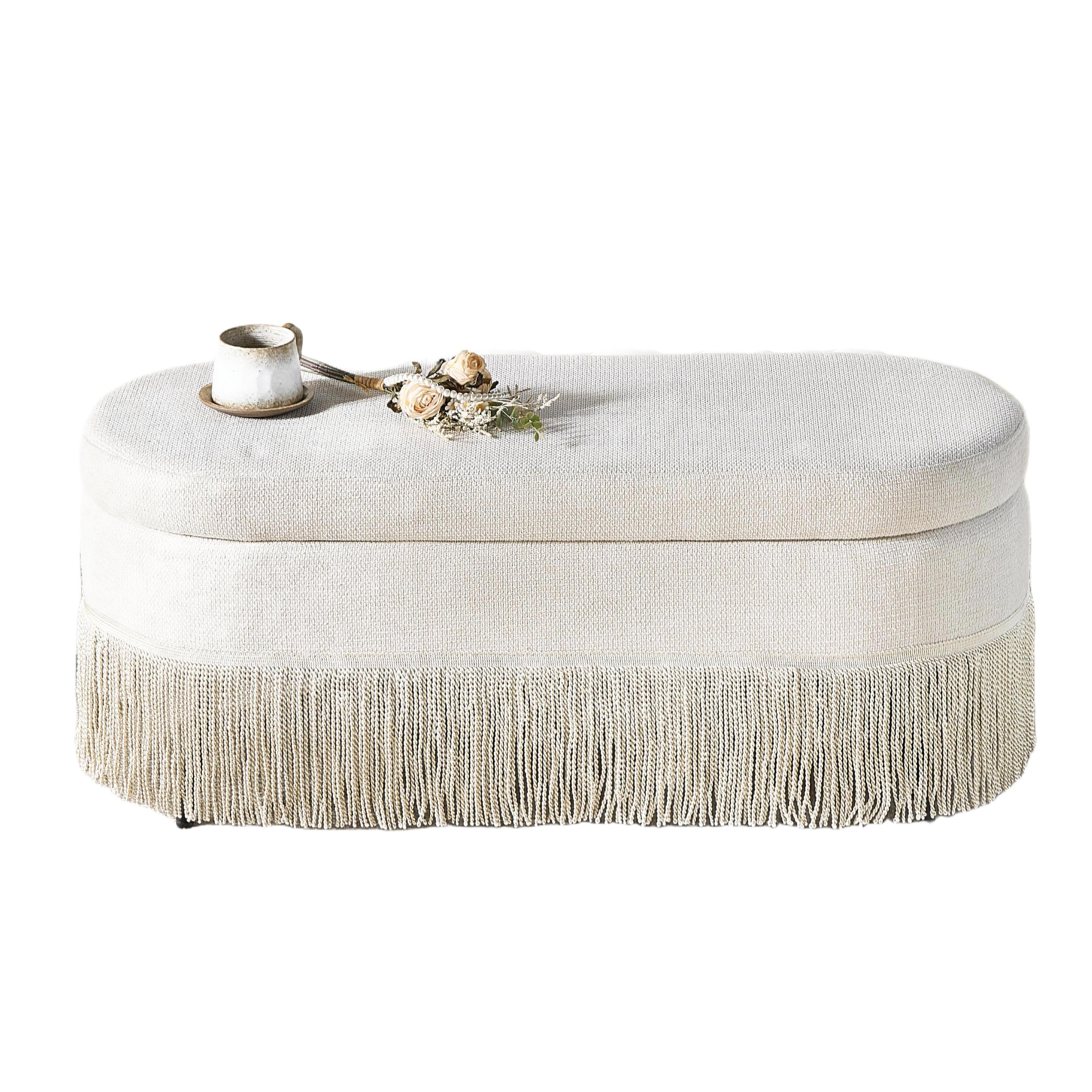 Oval Upholstered Storage Ottoman with Fringe Trim & Lift-Top Lid - 39'L x 16'W x 17'H, Multi-Functional Footrest & Hidden Storage for Living Room or Bedroom - Beige Fabric with Metal Frame - Grand Goldman Shop