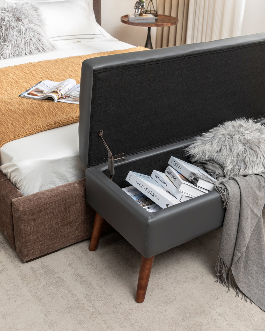 Storage Bench with Storage Bench for Bedroom End of Bed Bench Foot of Bed Bench Entryway Bench Storage Ottoman Bench 43.3' W x 17.7' Dark Grey Leather Bench - Grand Goldman Shop