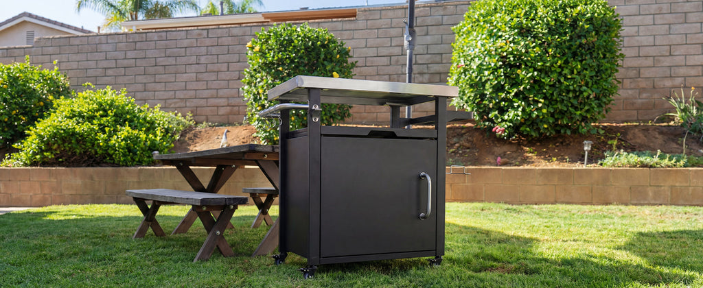 K&K 39.5' Outdoor Grill Cart with Storage Cabinet, Outdoor Bar Cart Pizza Oven Table with Wheels, Stainless Steel Top, Outdoor Kitchen Island with Spice & Paper Rack for BBQ, Waterproof Cover Included - Grand Goldman Shop