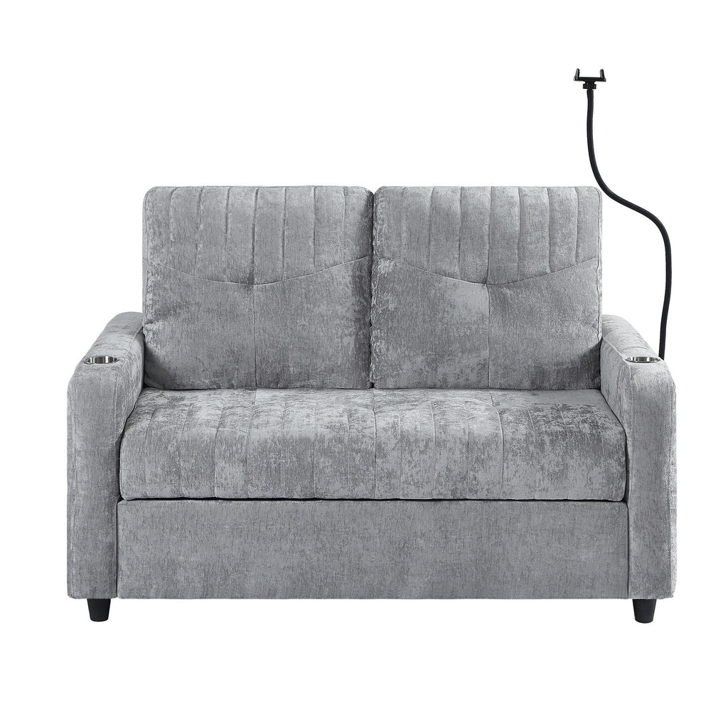 Modern Loveseat Pull-out Sofa Bed with Adjustable Backrest, Cup Holders, Phone Holder, Charging Ports, Side Storage Pockets, Grey Chenille - Grand Goldman Shop