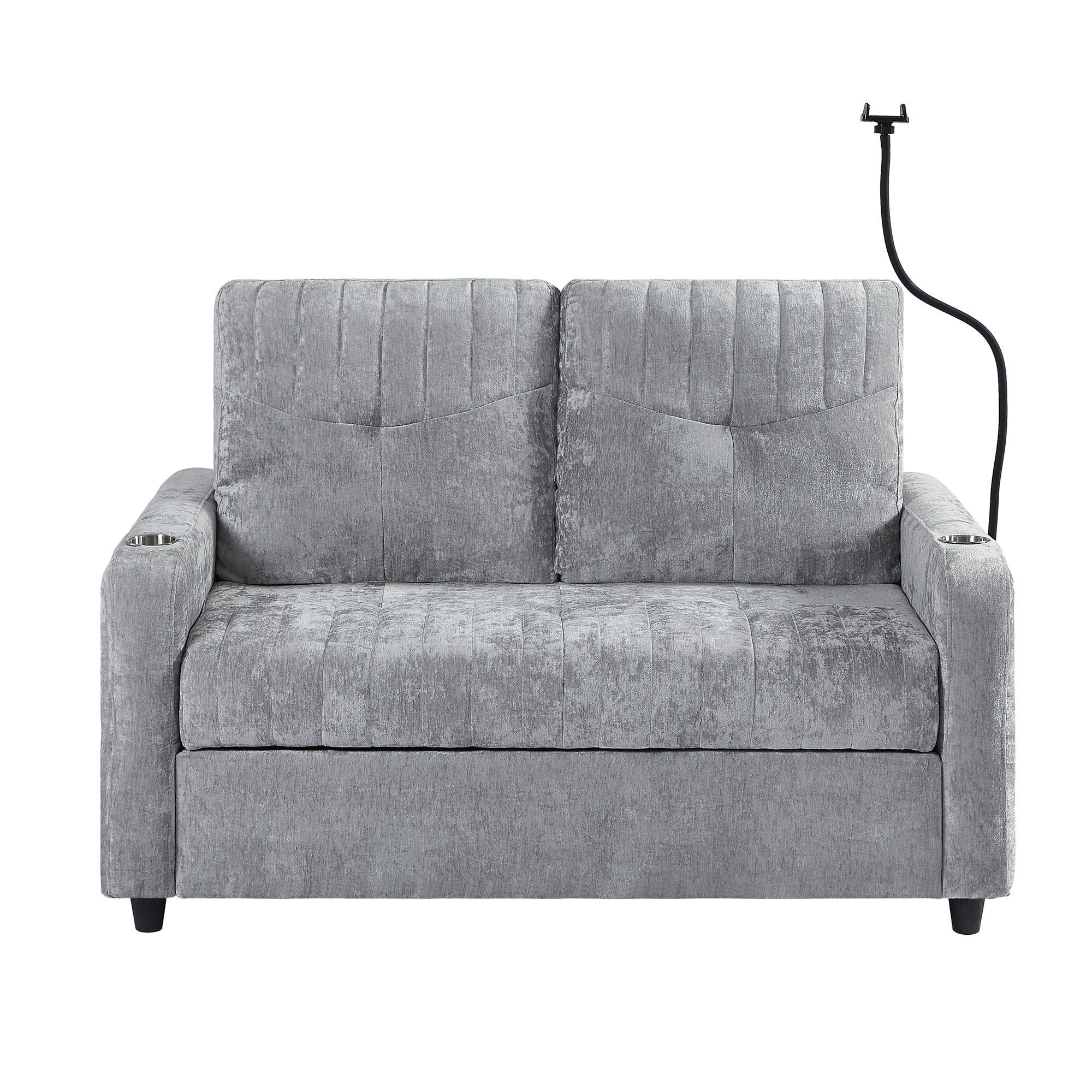 Modern Loveseat Pull-out Sofa Bed with Adjustable Backrest, Cup Holders, Phone Holder, Charging Ports, Side Storage Pockets, Grey Chenille - Grand Goldman Shop
