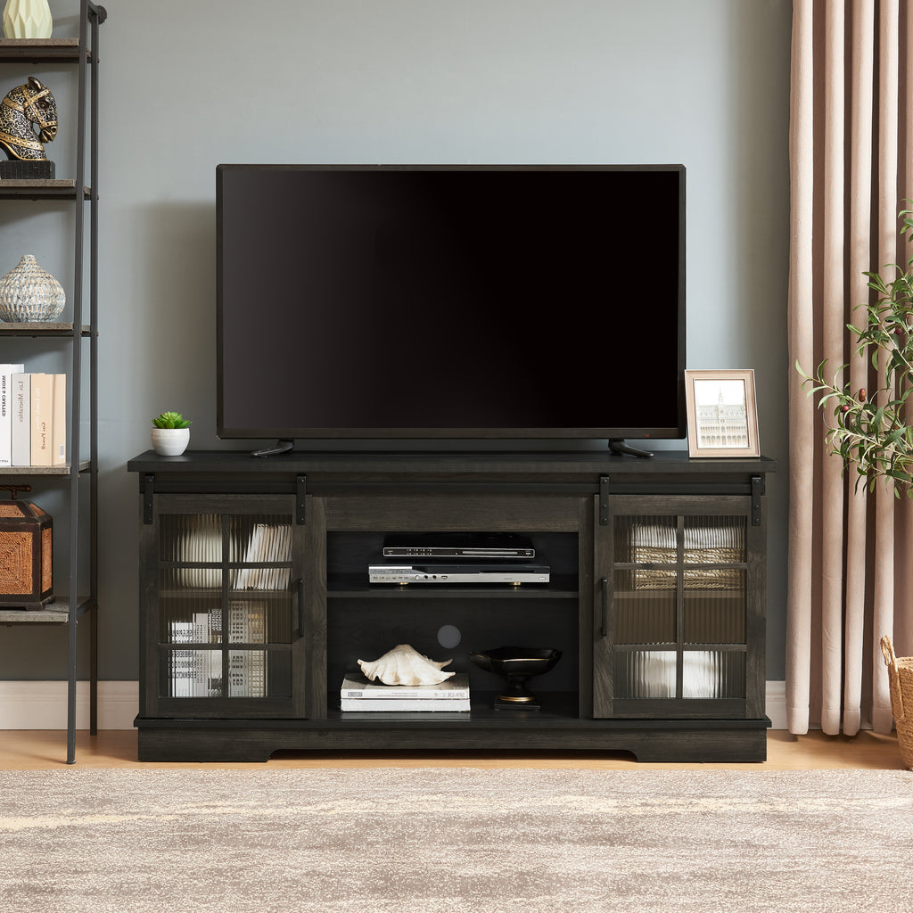 Multipurpose Sliding Door TV Stand Large Storage Cabinet with 2 Sliding Fluted Glass Tempered Doors, TV Up to 65'', TV Desk Storage Rack, Charcoal GREY, 59.13'W*15.94'D*27.8'H - Grand Goldman Shop