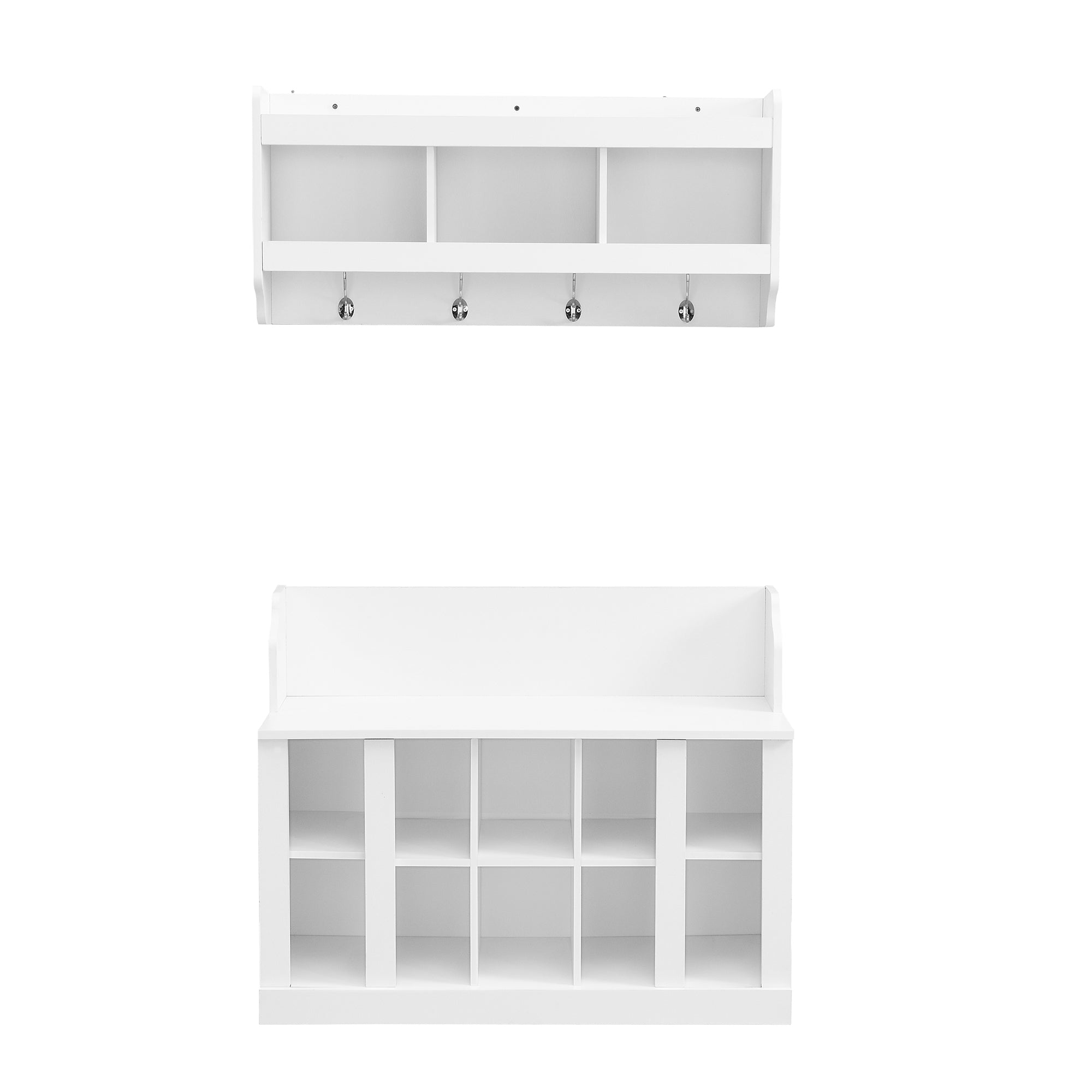 ON-TREND Shoe Storage Bench with Shelves and 4 Hooks, Elegant Hall Tree with Wall Mounted Coat Rack, Entryway Organizer For Hallway, Foyer, Mudroom, White - Grand Goldman Shop
