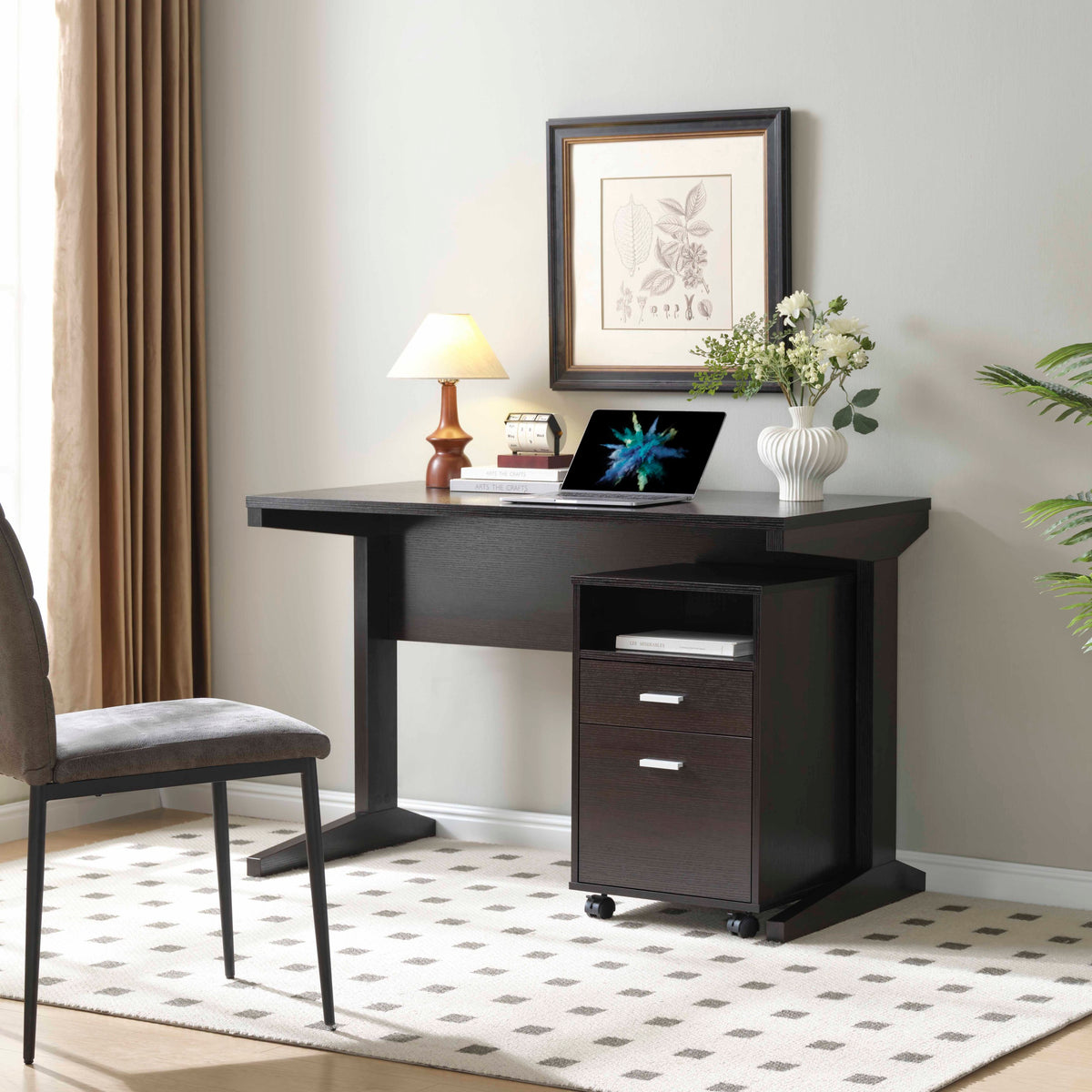 Home office desk with modesty panel and detached file cabinet on locking wheels with two drawers file drawer cubby shelf meta